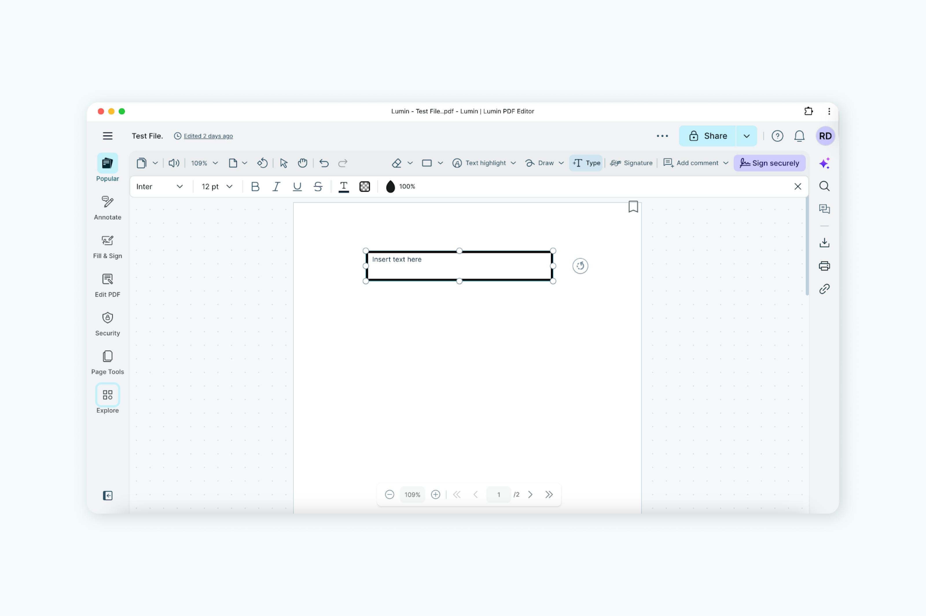 Adicionando texto a um PDF usando o editor de PDF Lumin