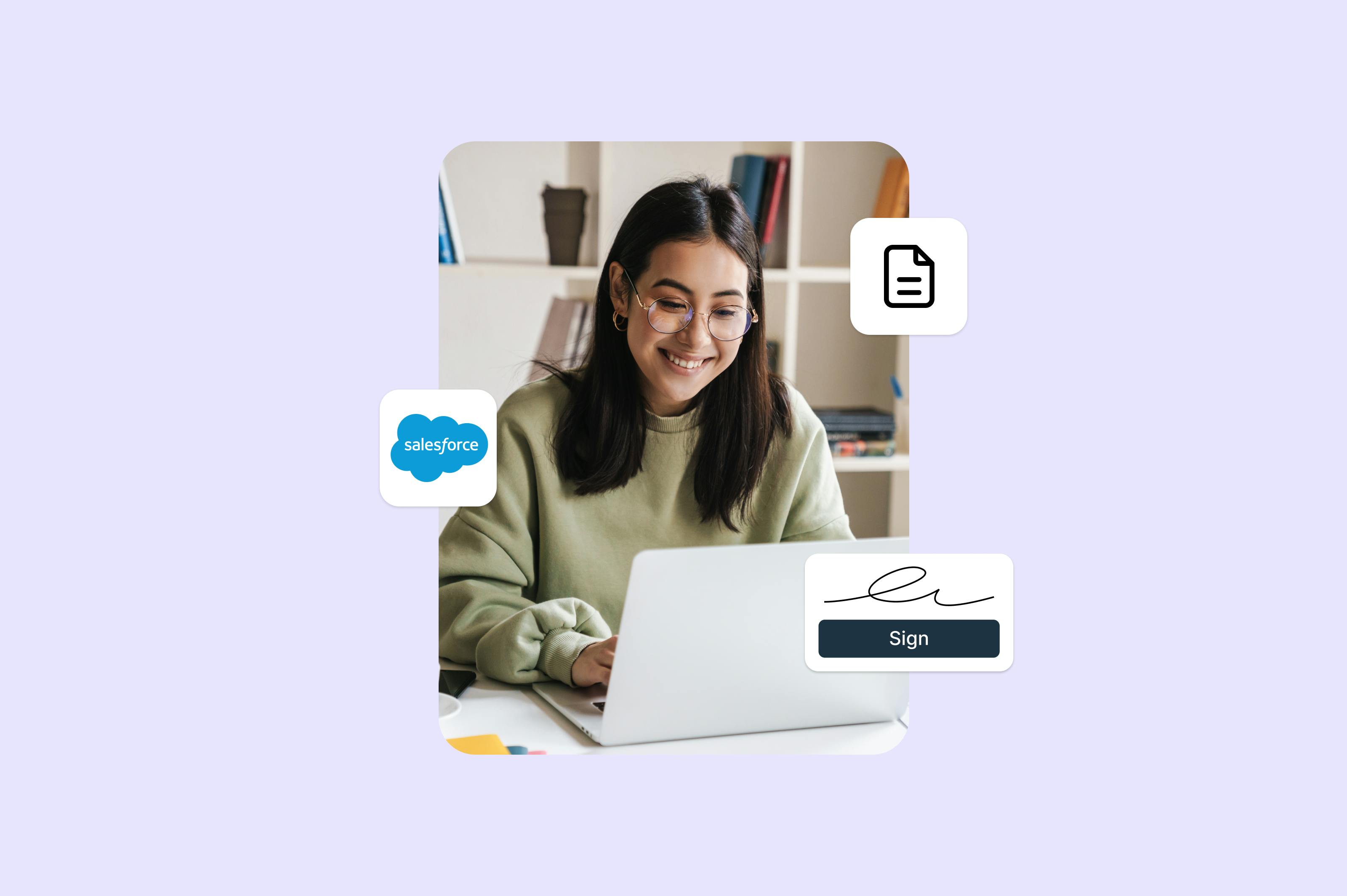 Uma jovem mulher usando Salesforce em seu notebook