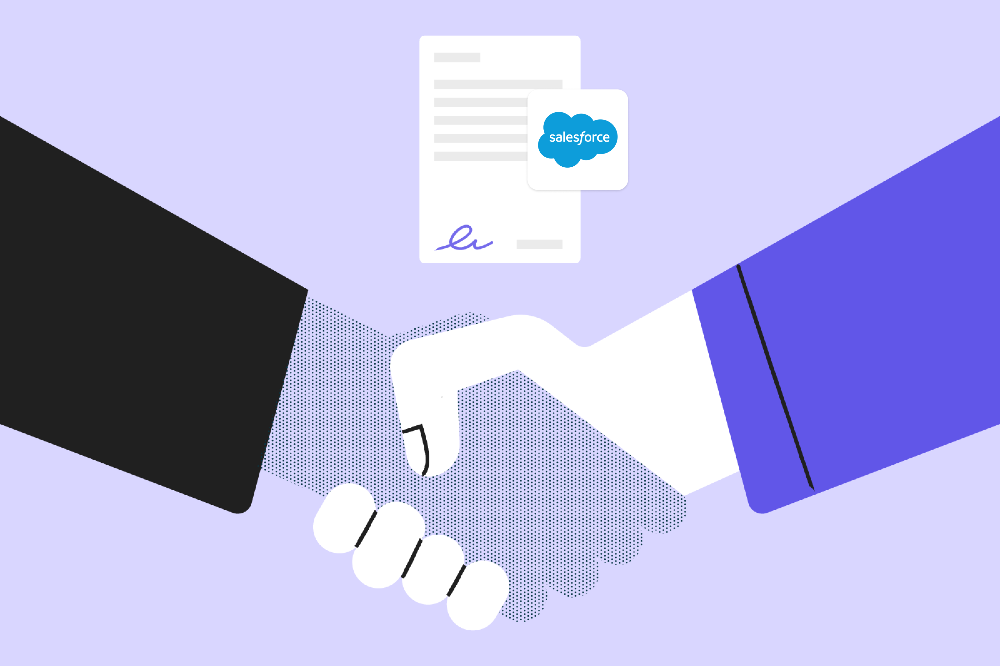 Deux mains se serrent sous un contrat signé via Salesforce