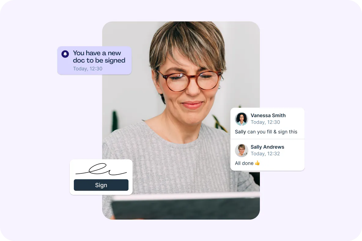 A woman using a tablet to sign a digital document, with on-screen notifications showing messages about filling and signing a file.