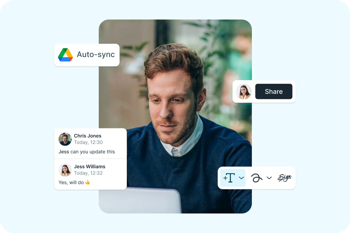 Man using a laptop, surrounded by digital interface elements showing document collaboration and auto-sync notifications.