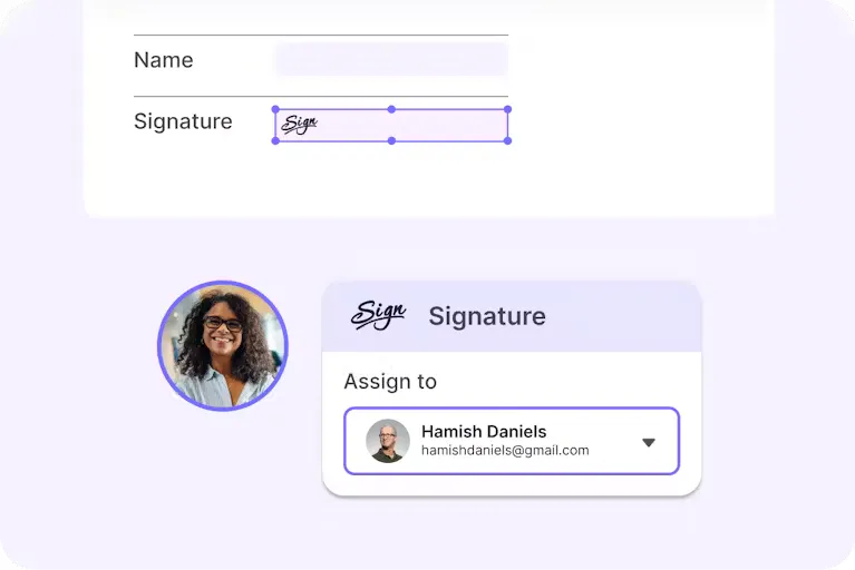 Digital form showing name and signature fields, with a profile photo and assignment section for a person 