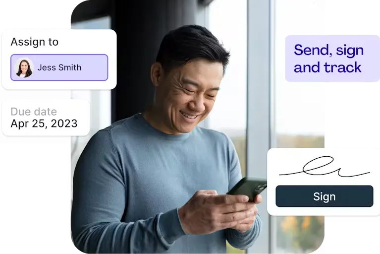 Man looking at his phone with digital interface elements showing document signing options, including an assignment