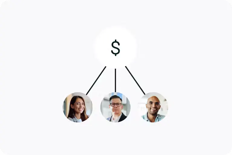 Diagram showing a dollar symbol connected to three profile photos, representing financial connections or payment distribution among people.