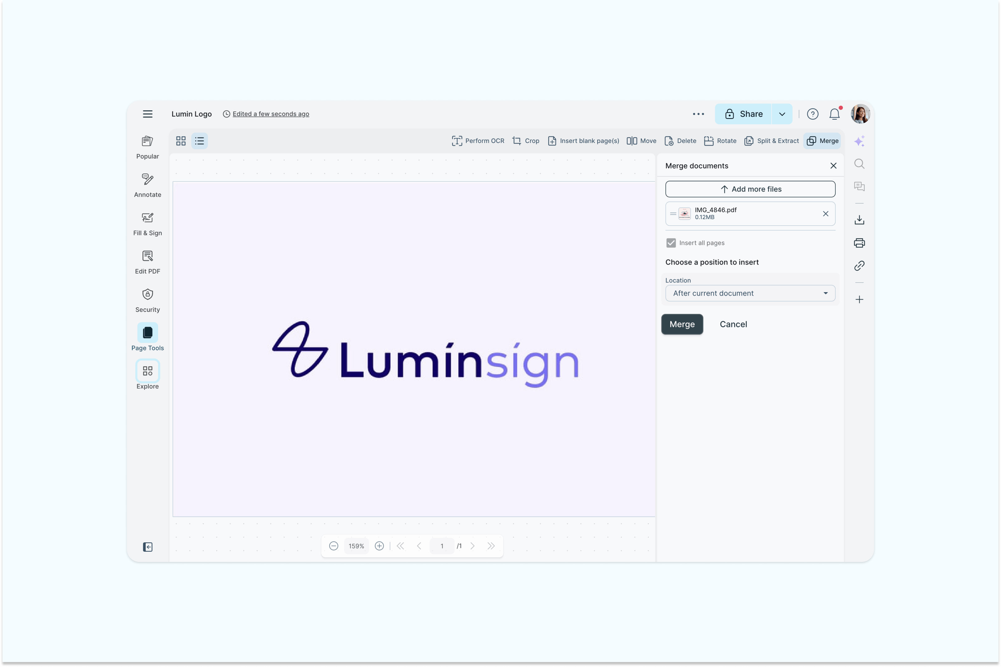 Vários JPGs sendo mesclados em um único PDF no Lumin