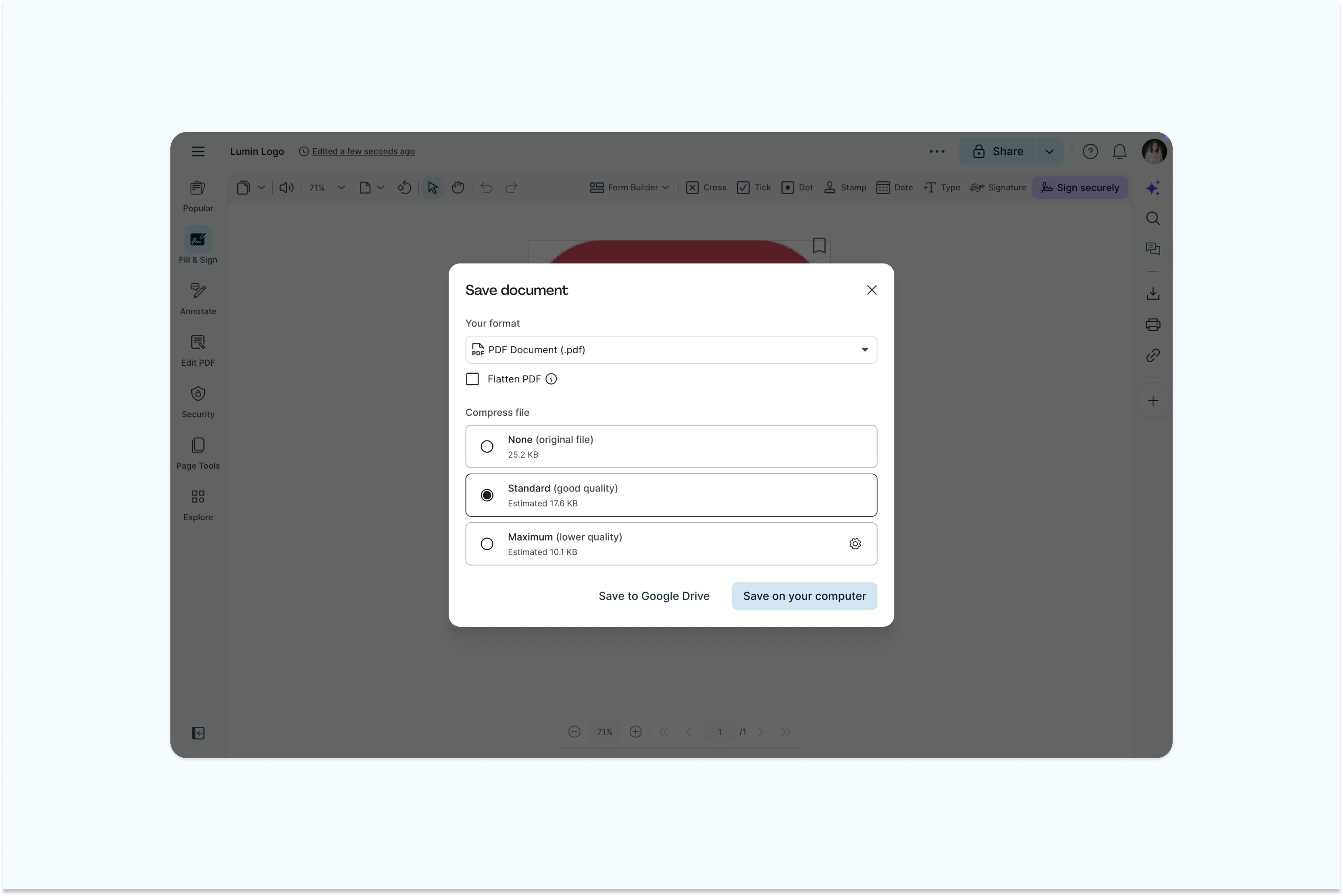 Un PDF en cours de compression sur Lumin