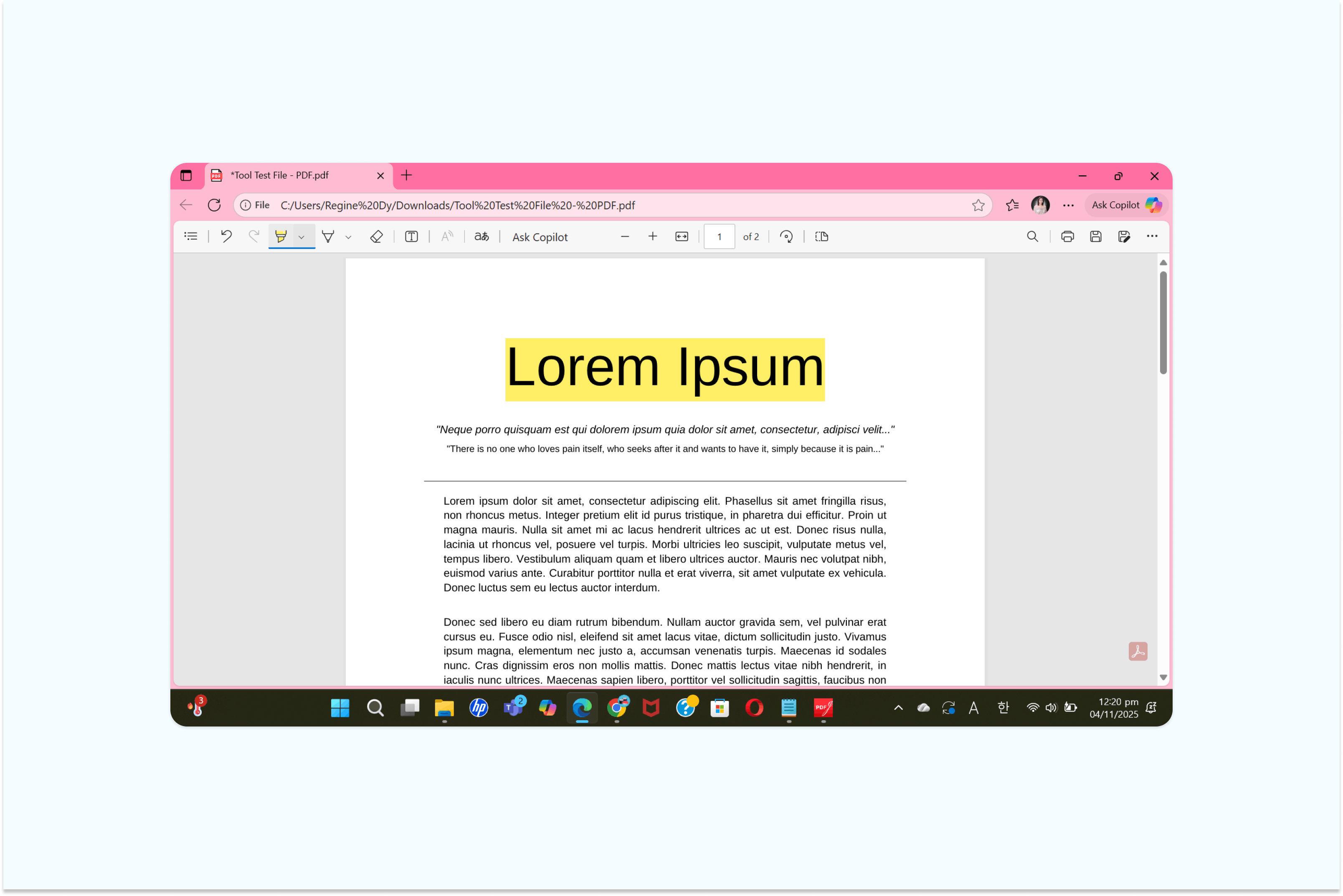 Texto de PDF sendo destacado no Microsoft Edge