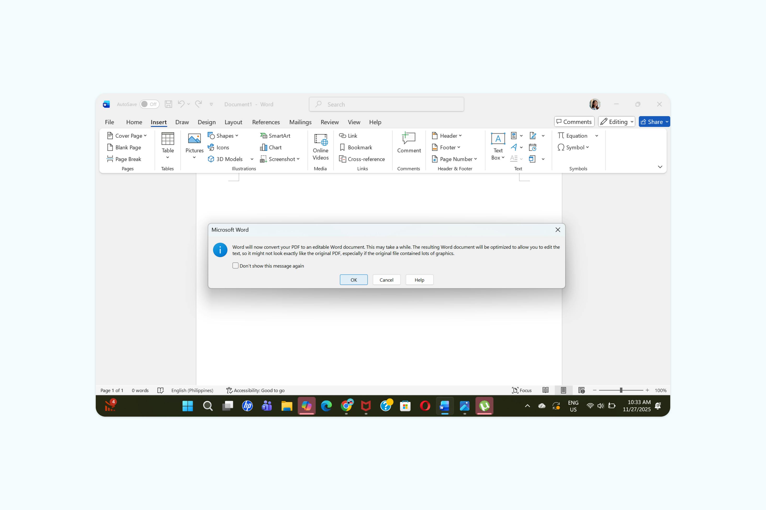 Une boîte de dialogue prévient que le PDF sera converti en Word et que la mise en page peut changer
