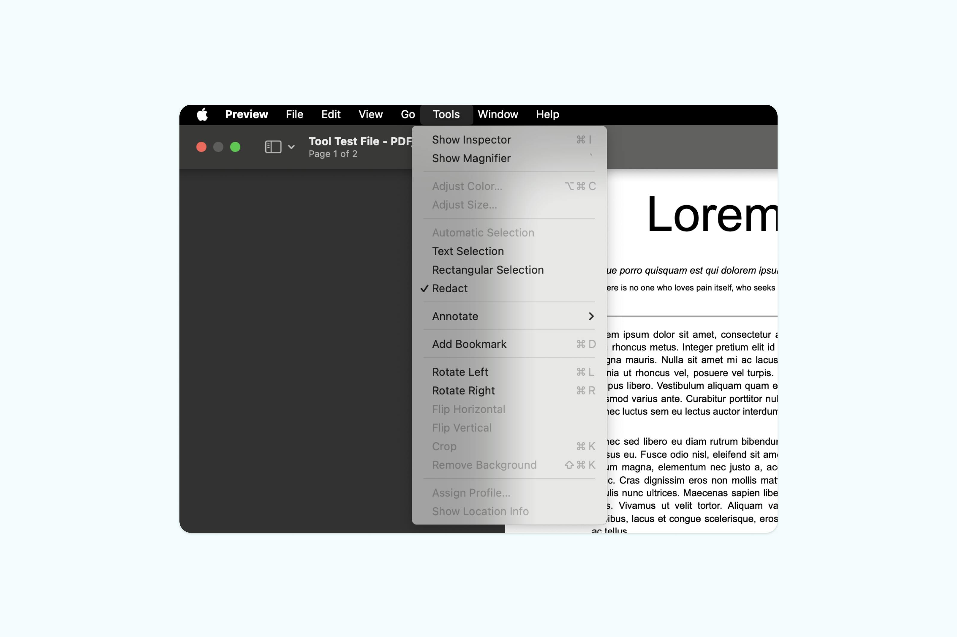 Choosing Redact under tools on Preview