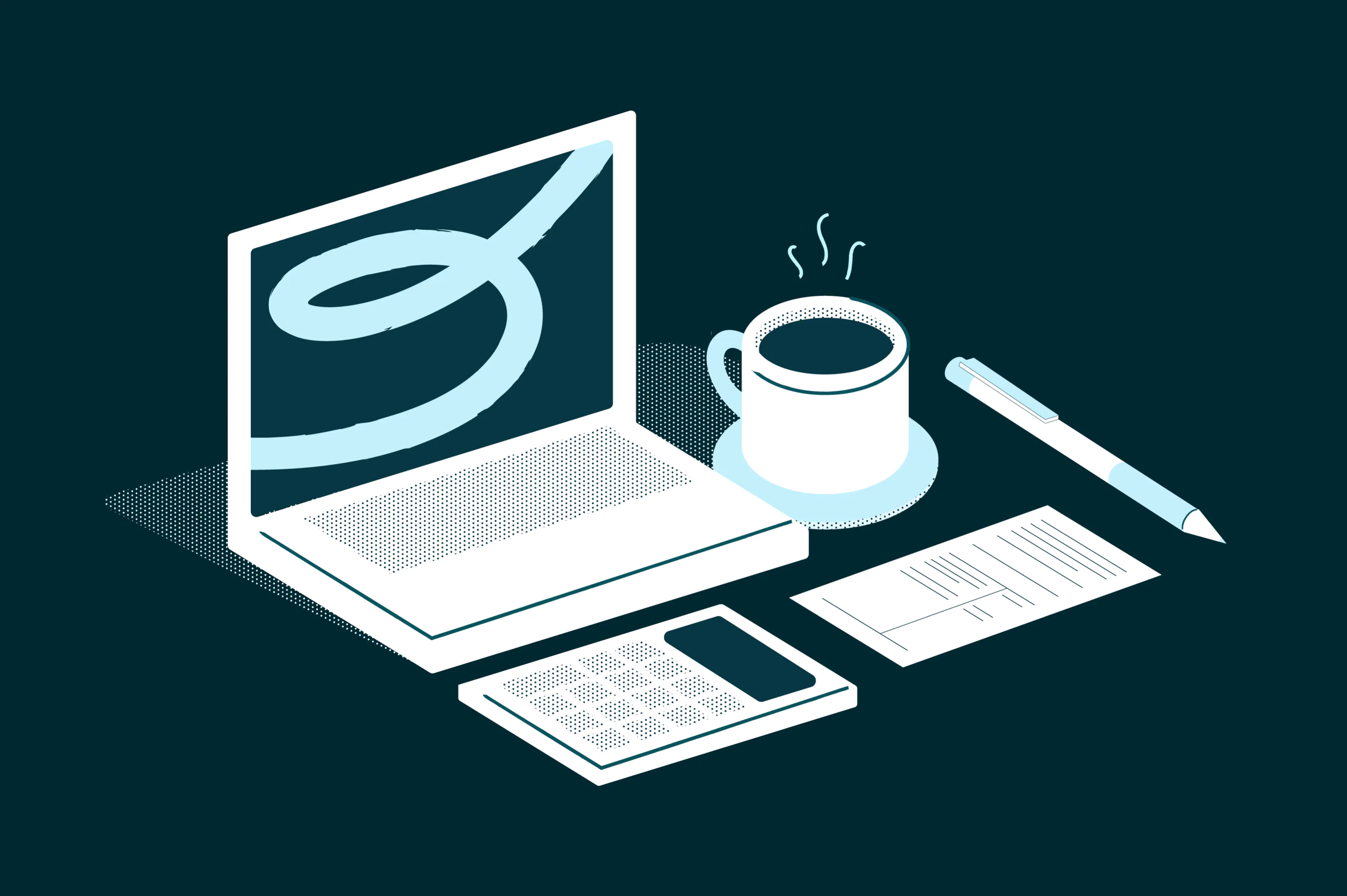 A desktop with an open laptop, calculator, pen and paper