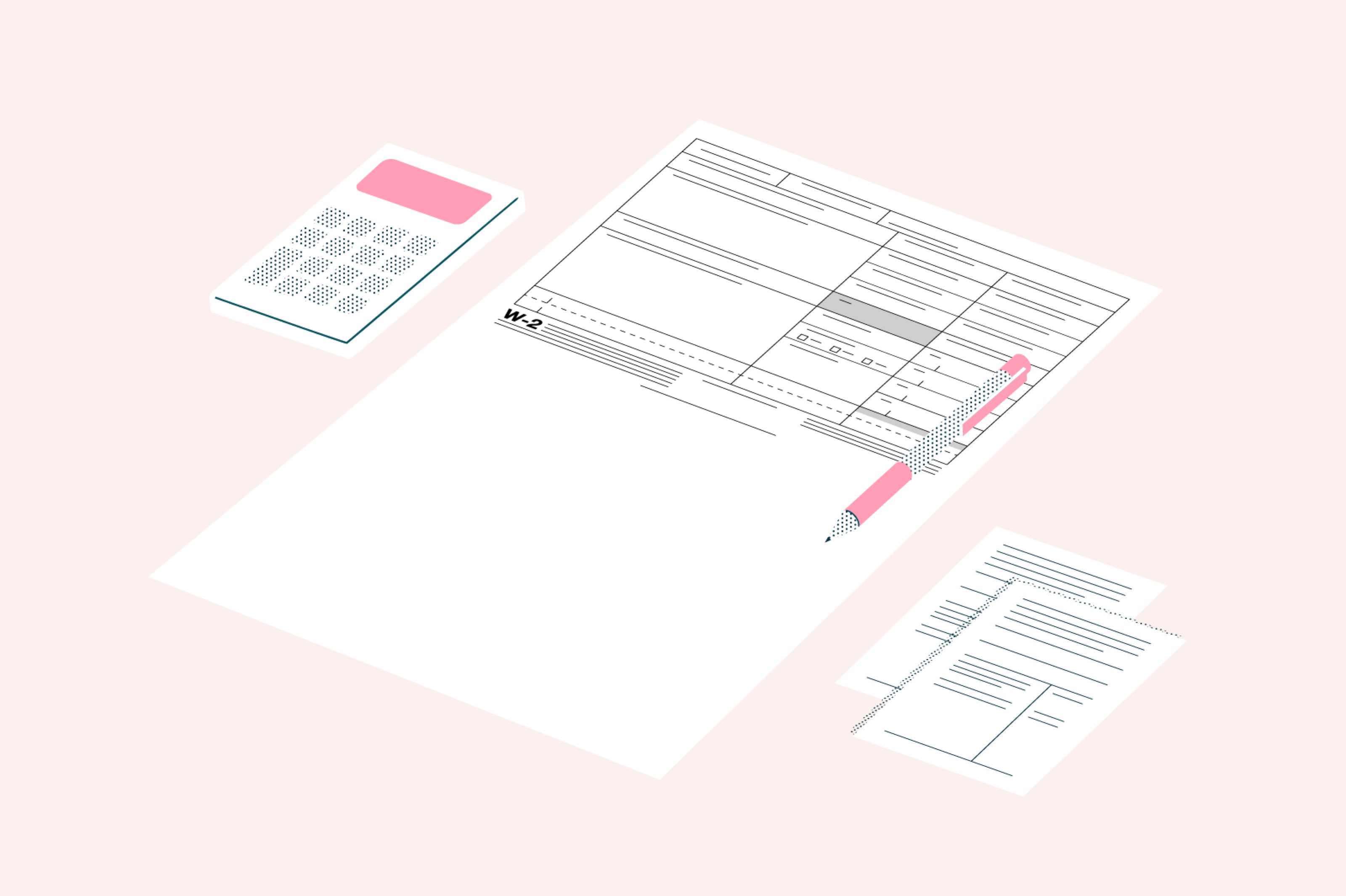 A W-2 tax form on a desk next to a note pad, pen, and calculator.