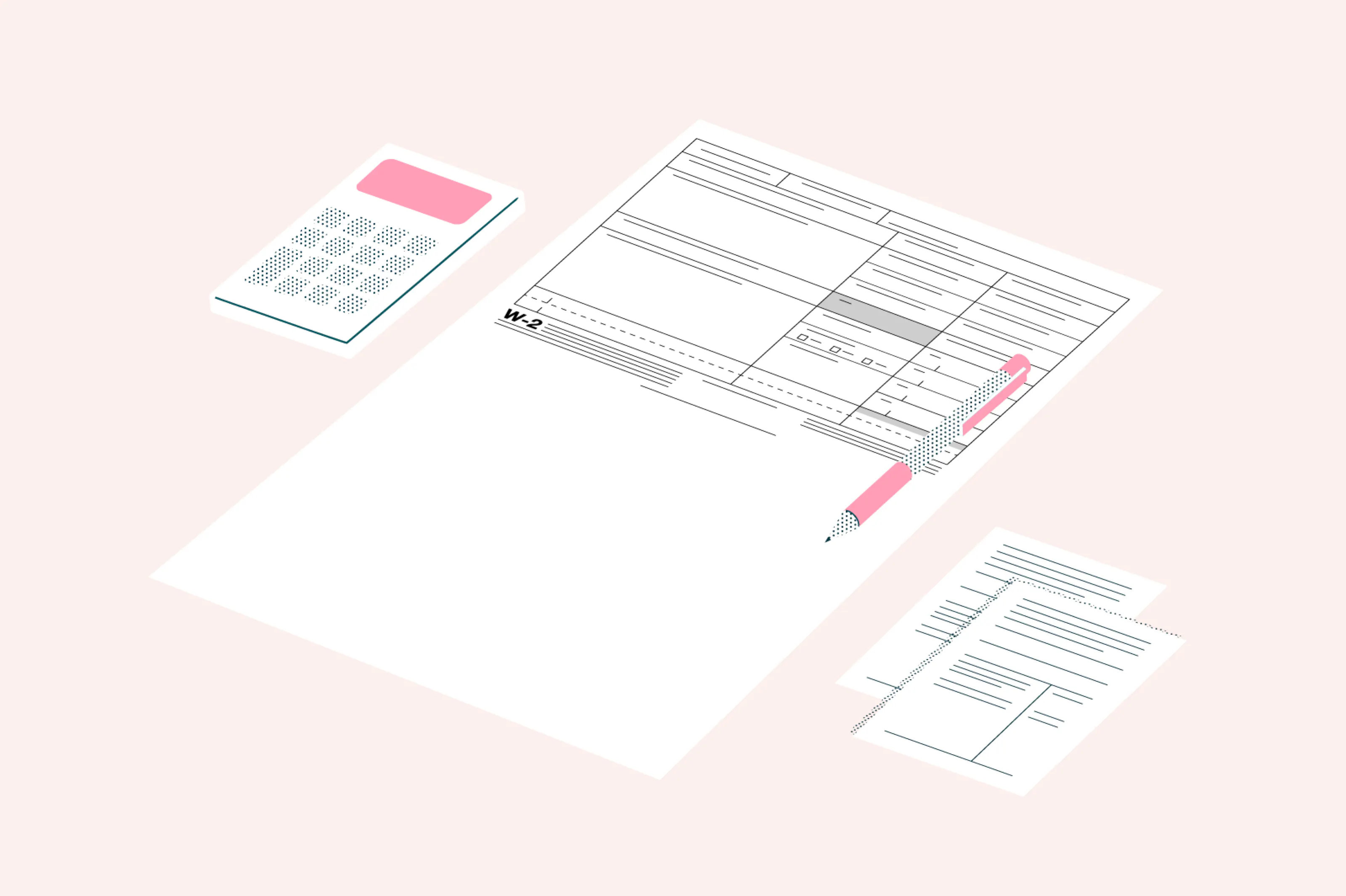 A W-2 tax form on a desk next to a note pad, pen, and calculator.
