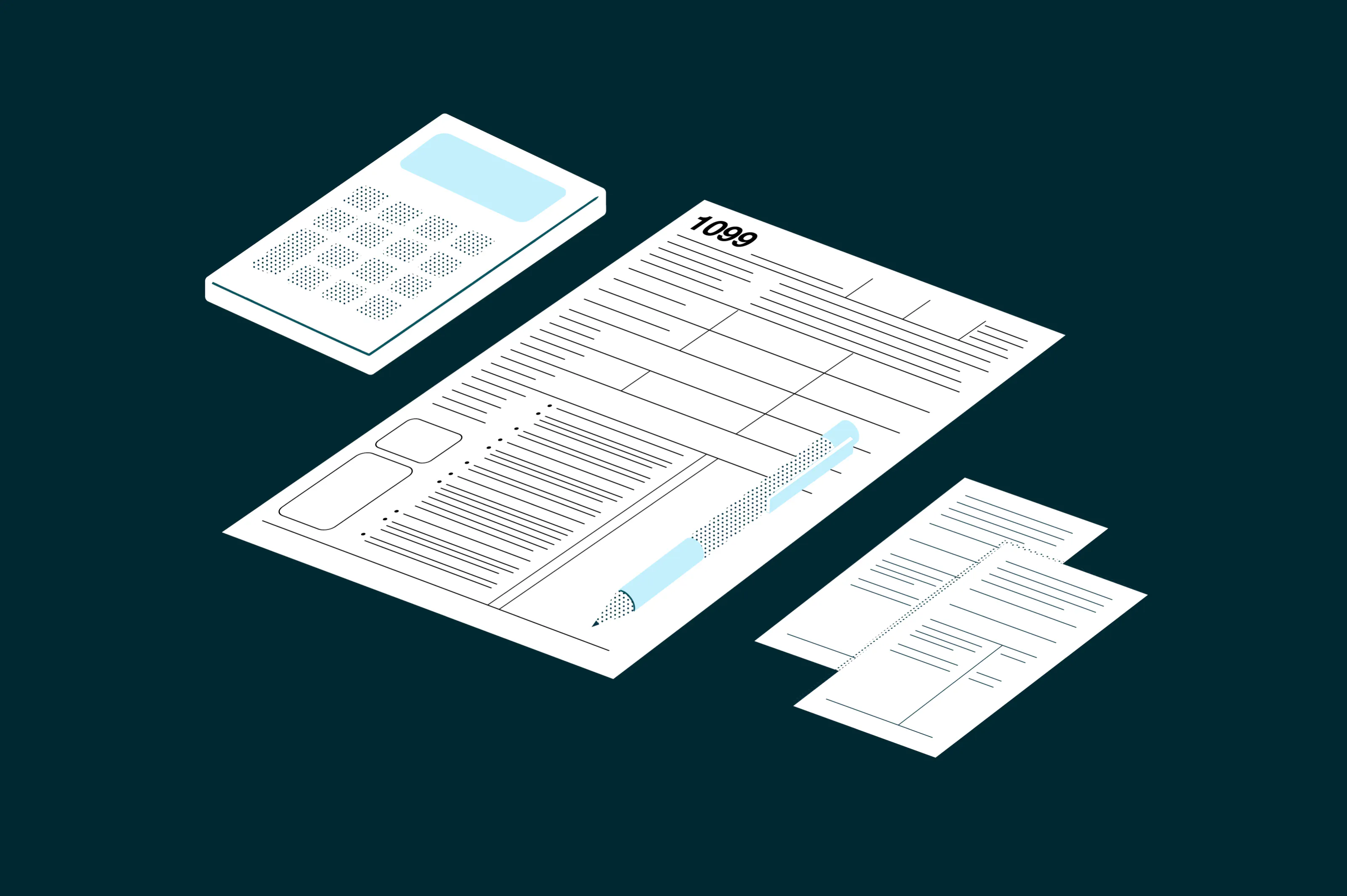 Une illustration montrant un formulaire fiscal 1099, une calculatrice et d’autres documents