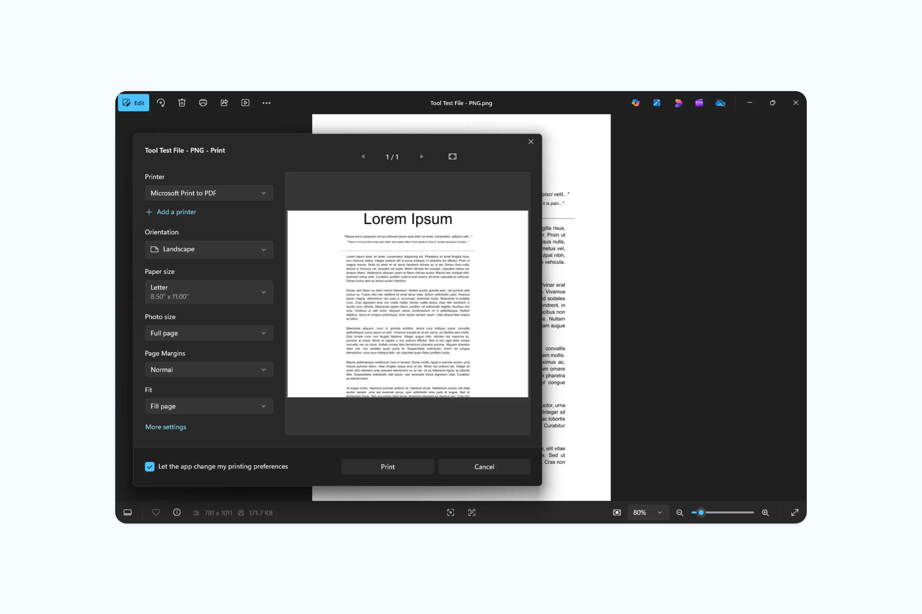 Converting a PNG file to PDF using Microsoft Print to PDF on Windows