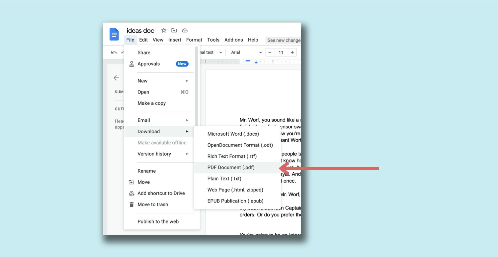 A screenshot of a document open in Google Docs. The File menu is clicked, then Download. An arrow is pointing to the 'PDF Document' option.