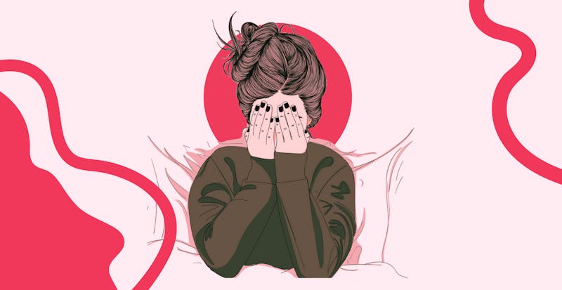 Illustration of a tired woman tired in bed, clutching her face.