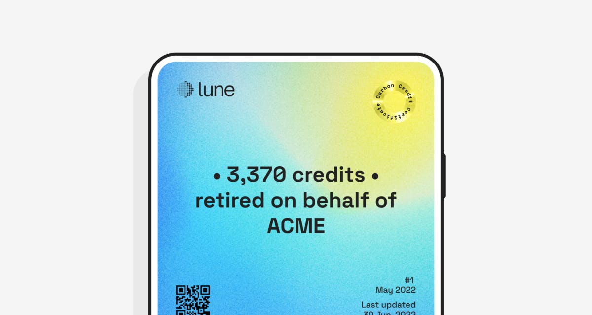 A Lune carbon offset certificate reading: 3,370 credits retired on behalf of ACME