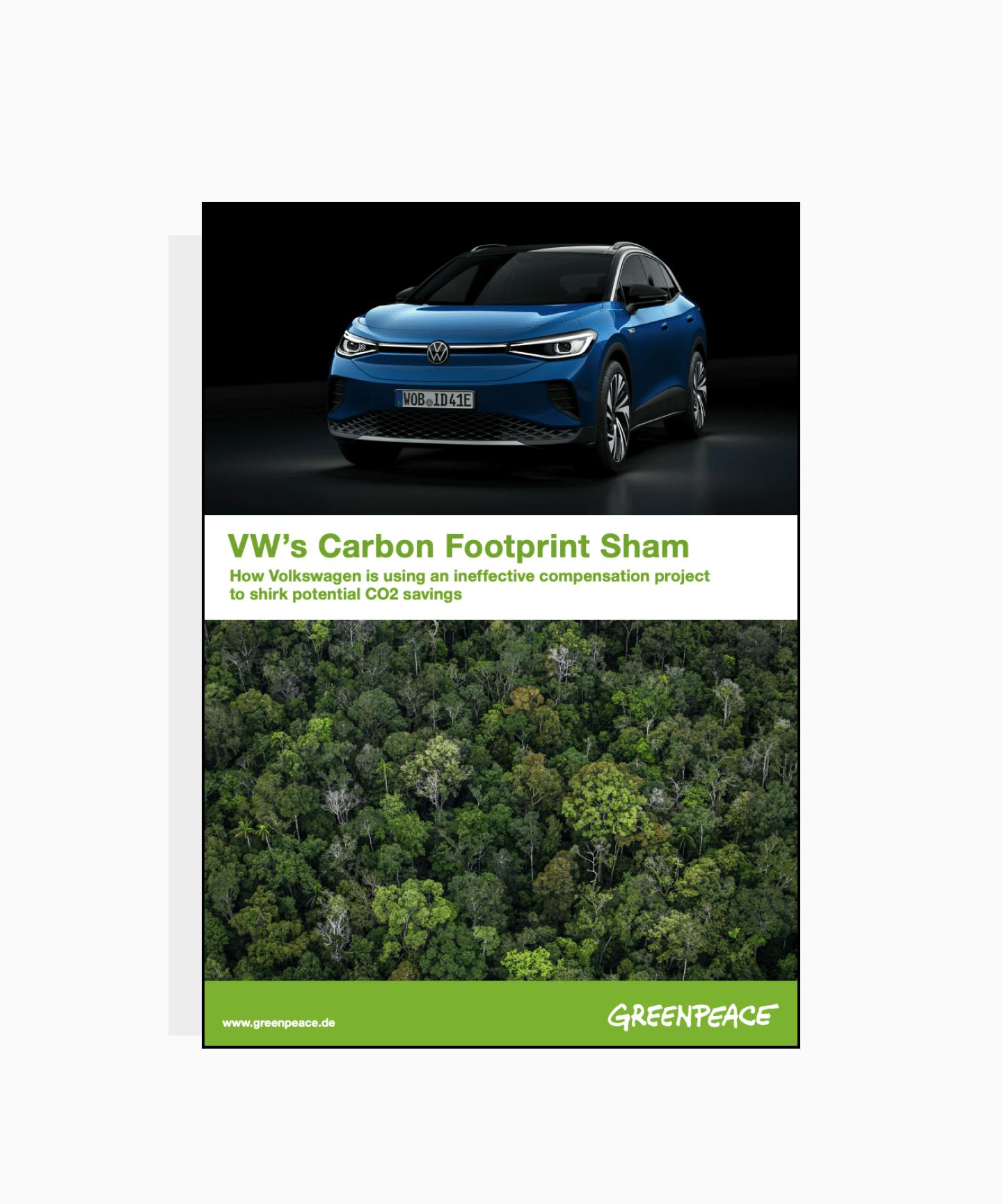 VW's carbon footprint sham – the front cover of the Greenpeace report into Volkswagen's carbon offsetting
