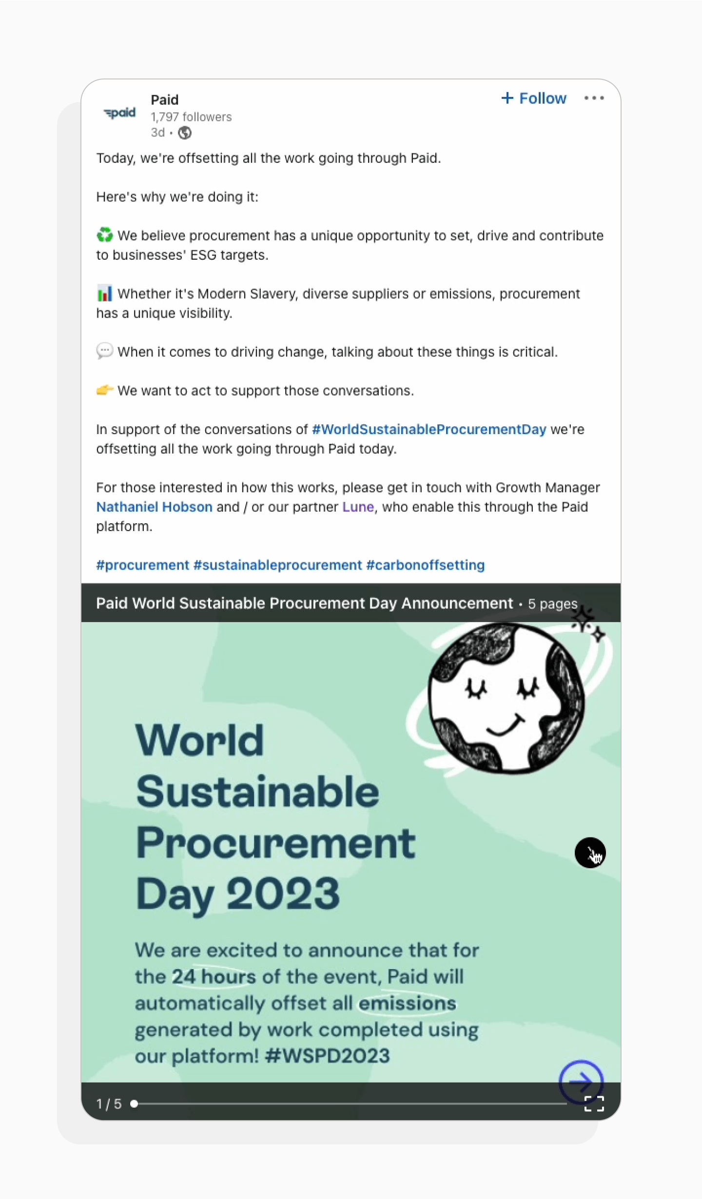 LinkedIn post showing Paid's World Sustainable Procurement Day initiative