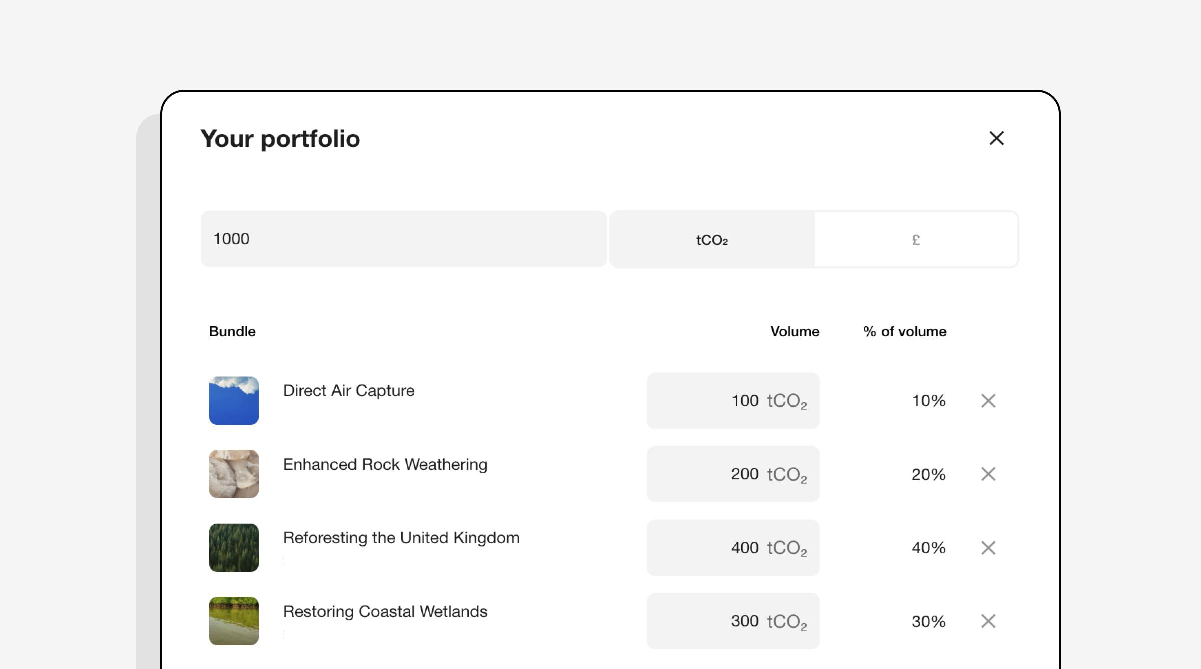 'Your portfolio' - screenshot showing the process of building a portfolio in the Lune dashboard. This example shows a portfolio of 10% direct air capture, 20% enhanced rock weathering, 40% reforestation, and 30% mangrove restoration