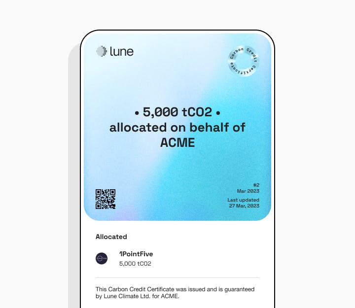 A Lune carbon offset certificate, showing 5,000tCO2 allocated on behalf of ACME in the 1pointfive direct air capture project.