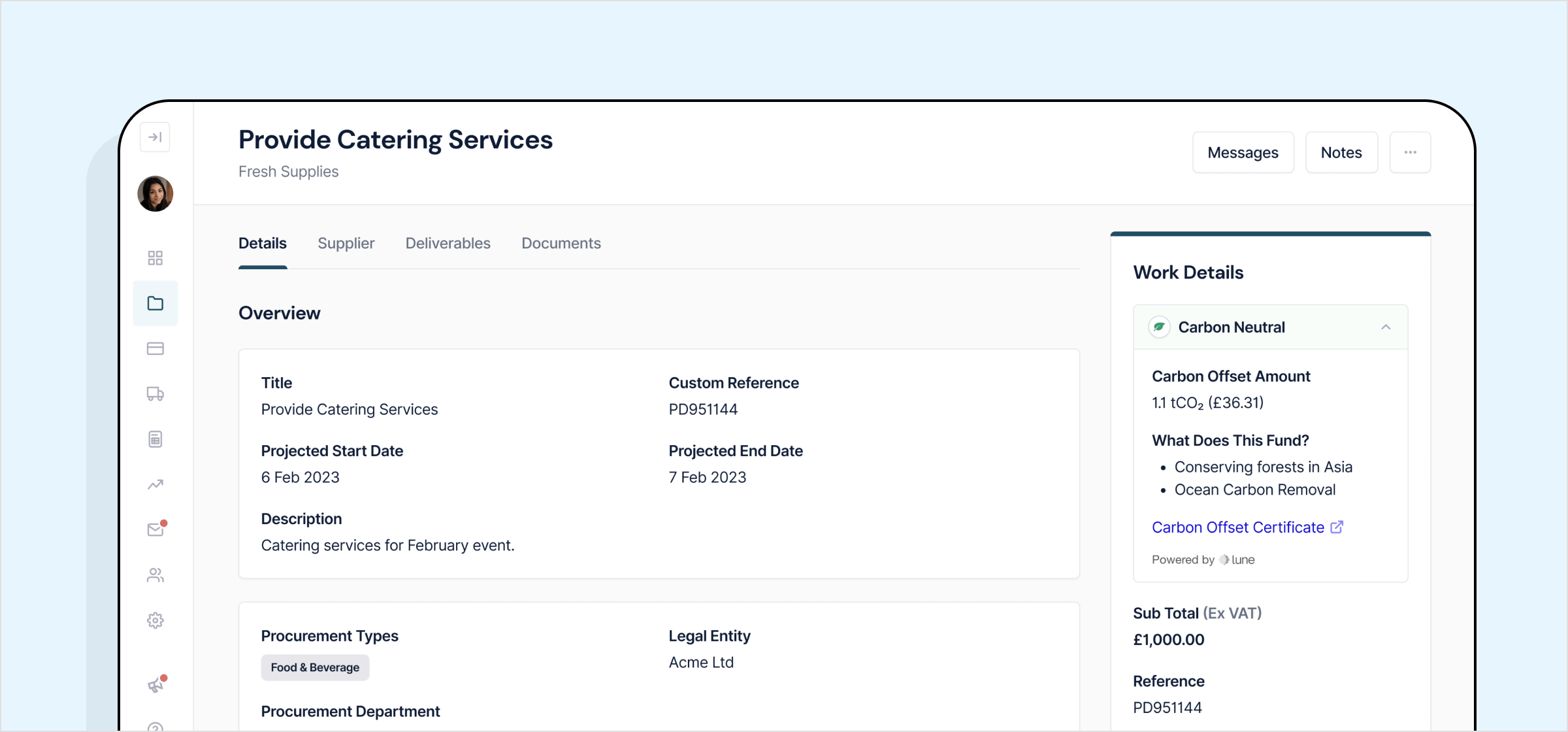 Screenshot showing a request for catering services within Paid's procurement platform, and showing how it can be made carbon neutral through the integration with Lune.