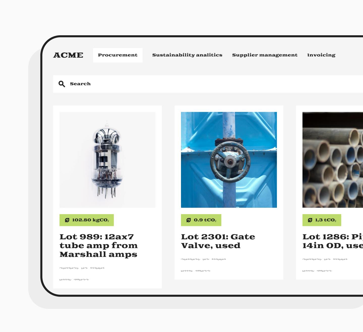 Product image showing the Acme procurement platform with carbon emissions for each item