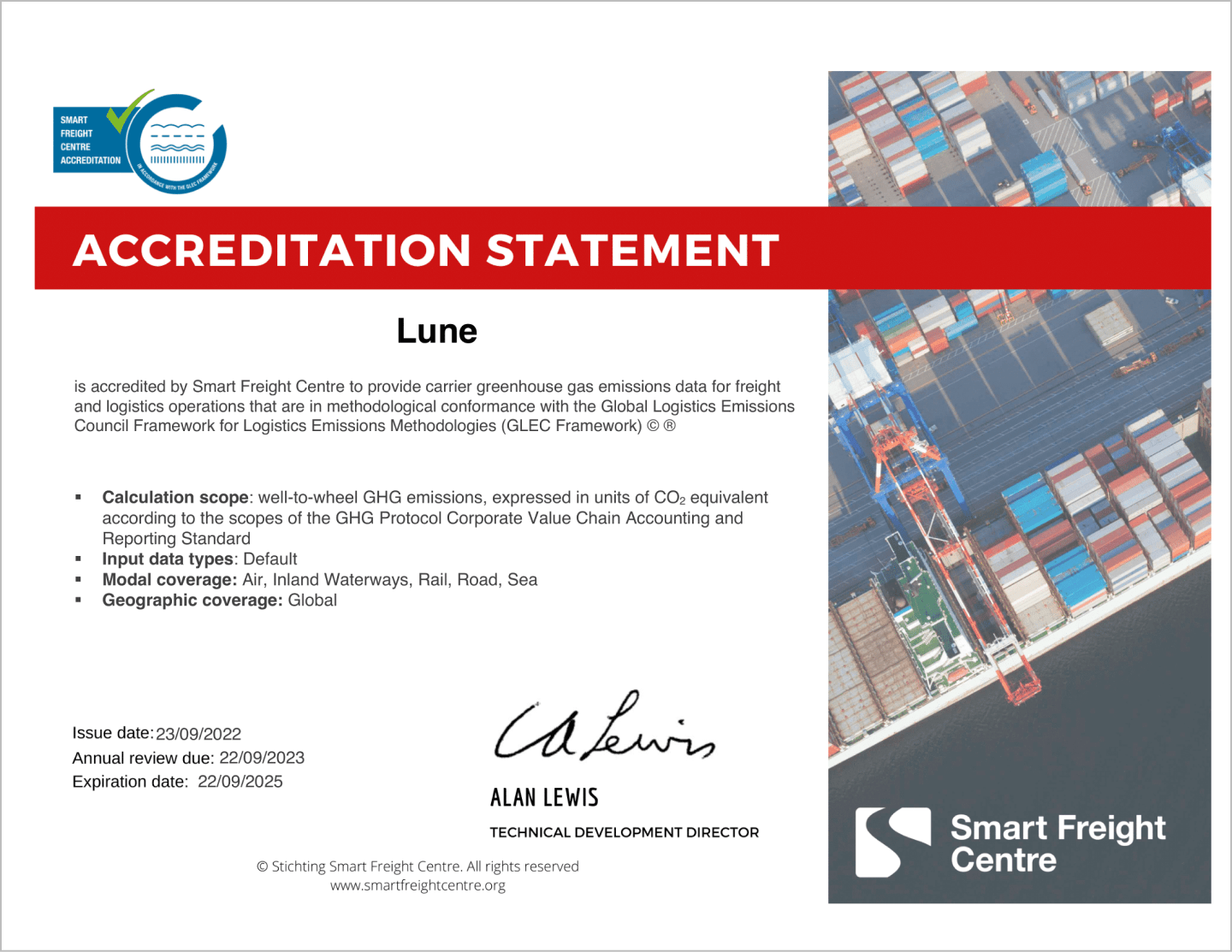 Lune's accreditation statement under the GLEC framework