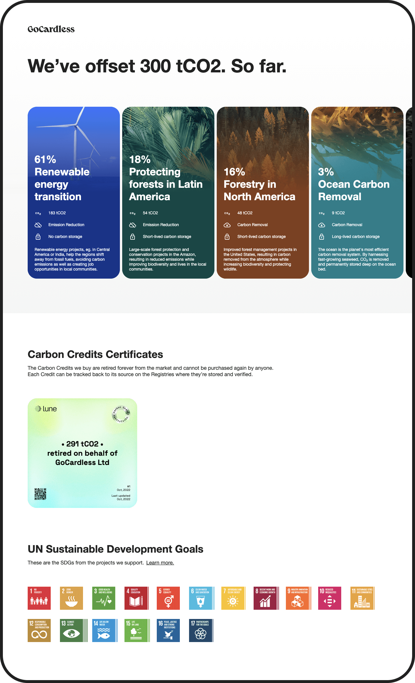 Image of the Lune product illustrating a carbon certificate readily accessible on a sustainability page.