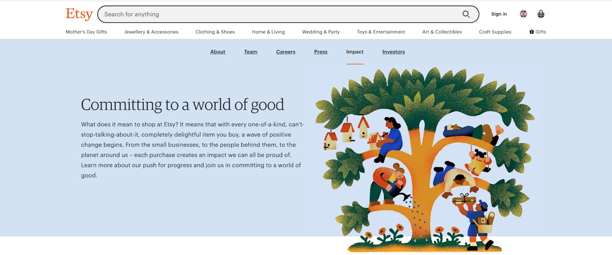 Etsy impact webpage. 'Committing to a world of good'.
