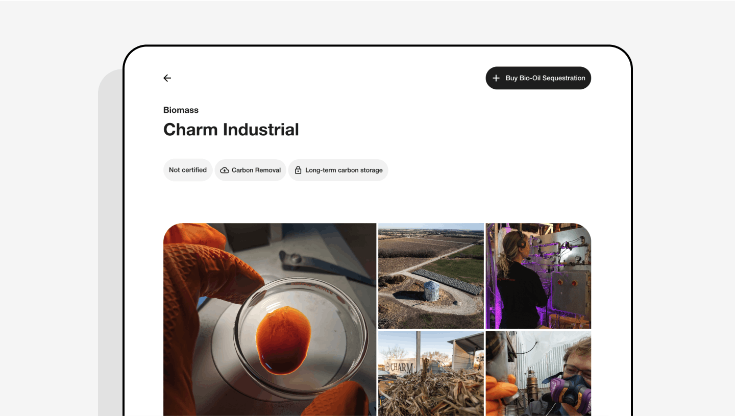 Charm Industrial bio-oil project shown within the Lune dashboard