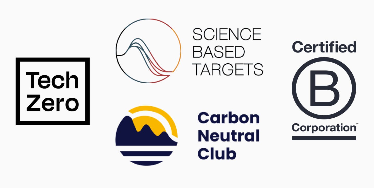 The logos of: tech zero, science based targets, carbon neutral club, b corporation