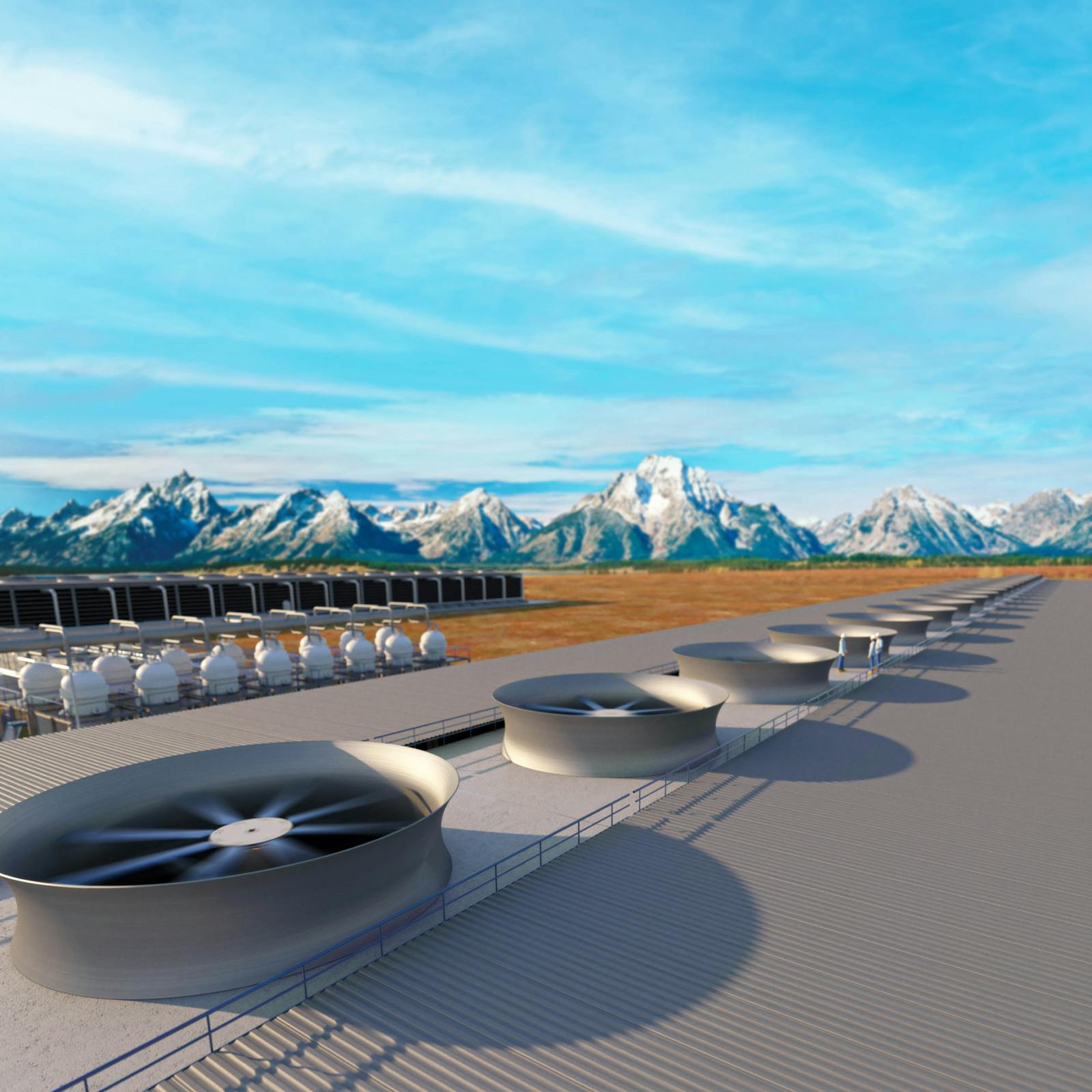 Photo of a direct air capture plant, with mountains and blue sky in the background