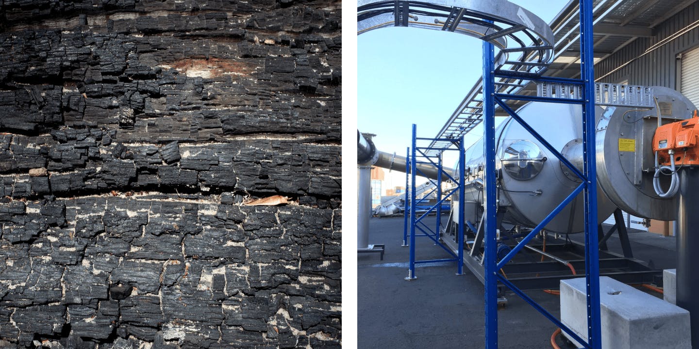 photo of biochar; photo of machinery used for pyrolysis