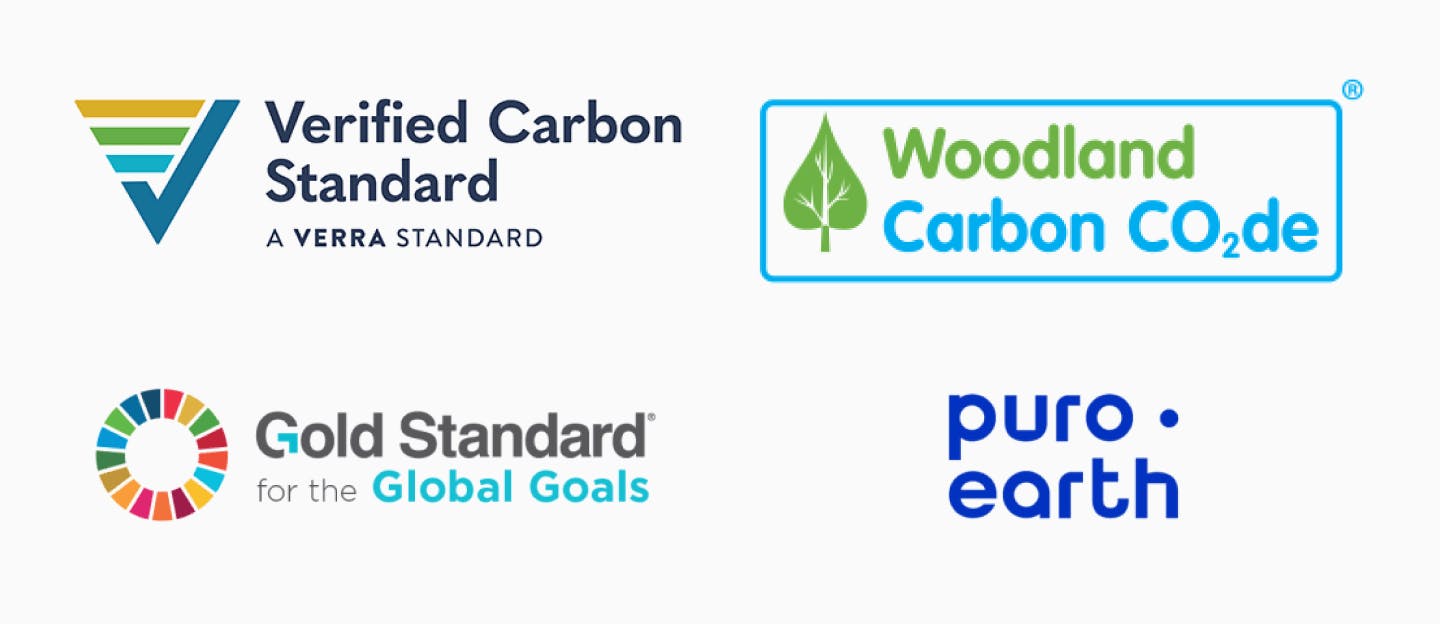 Logos for verra, woodland carbon code, gold standard, puro.earth