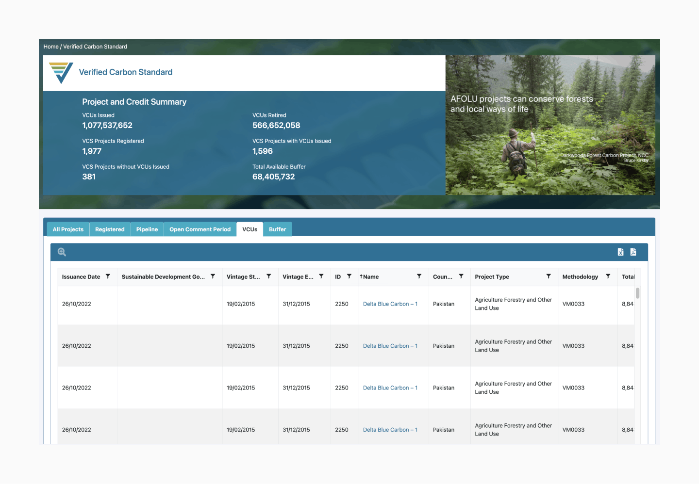 Delta Blue Carbon credits shown within the Verra Registry