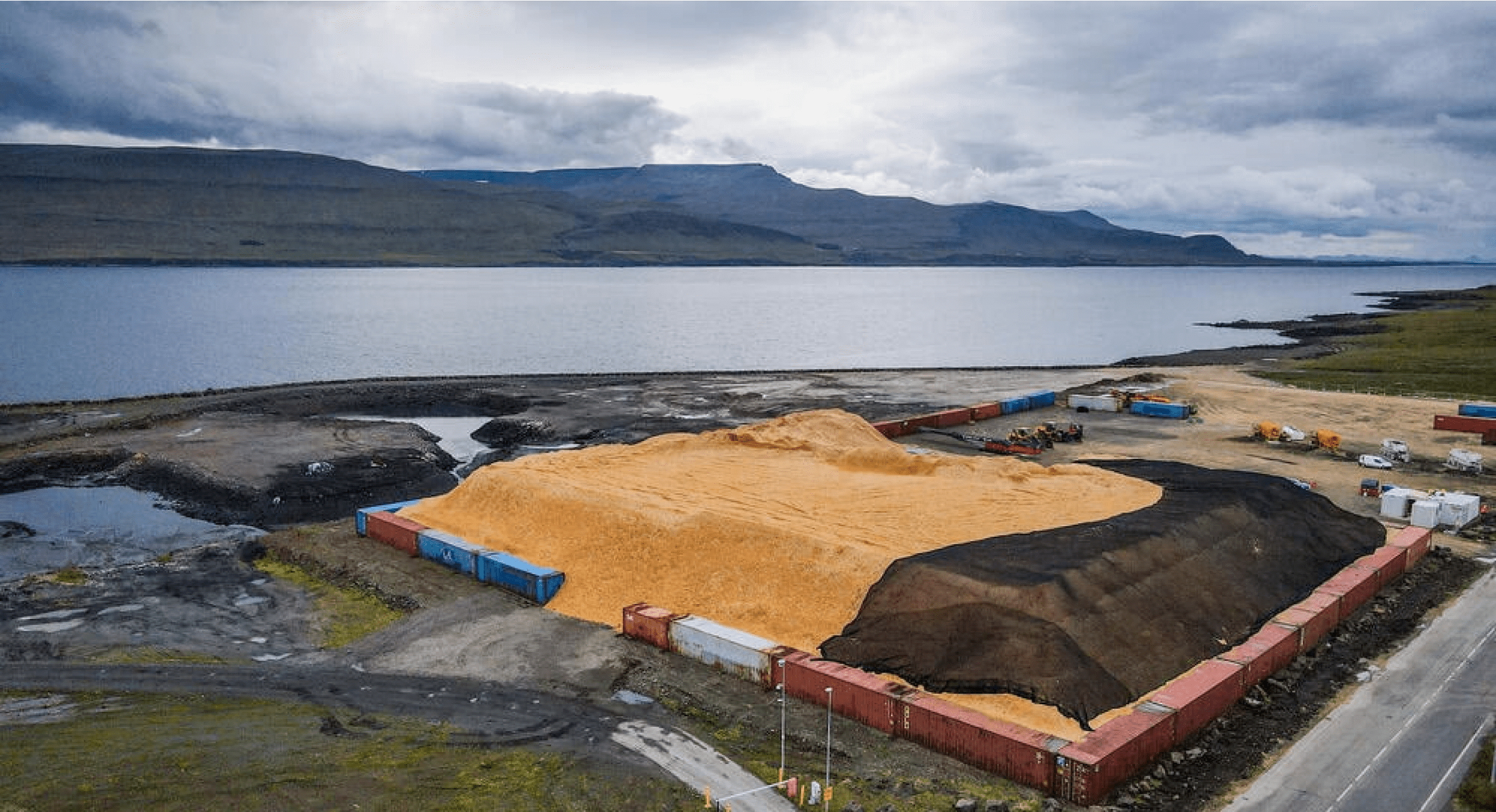 Running Tide's biomass processing site in Grundartangi, Iceland - with 22,000 tons of biomass ready to be turned into carbon buoys.