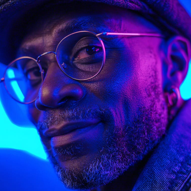 50_year_old_black_cameraman_in_blue_neon_light