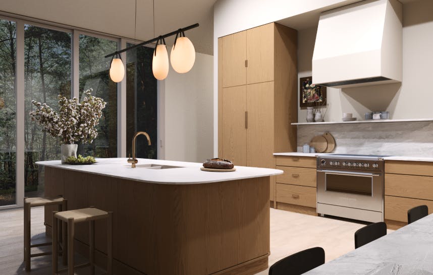 Kitchen with typical lighting approach, blasted with a grid of downlights