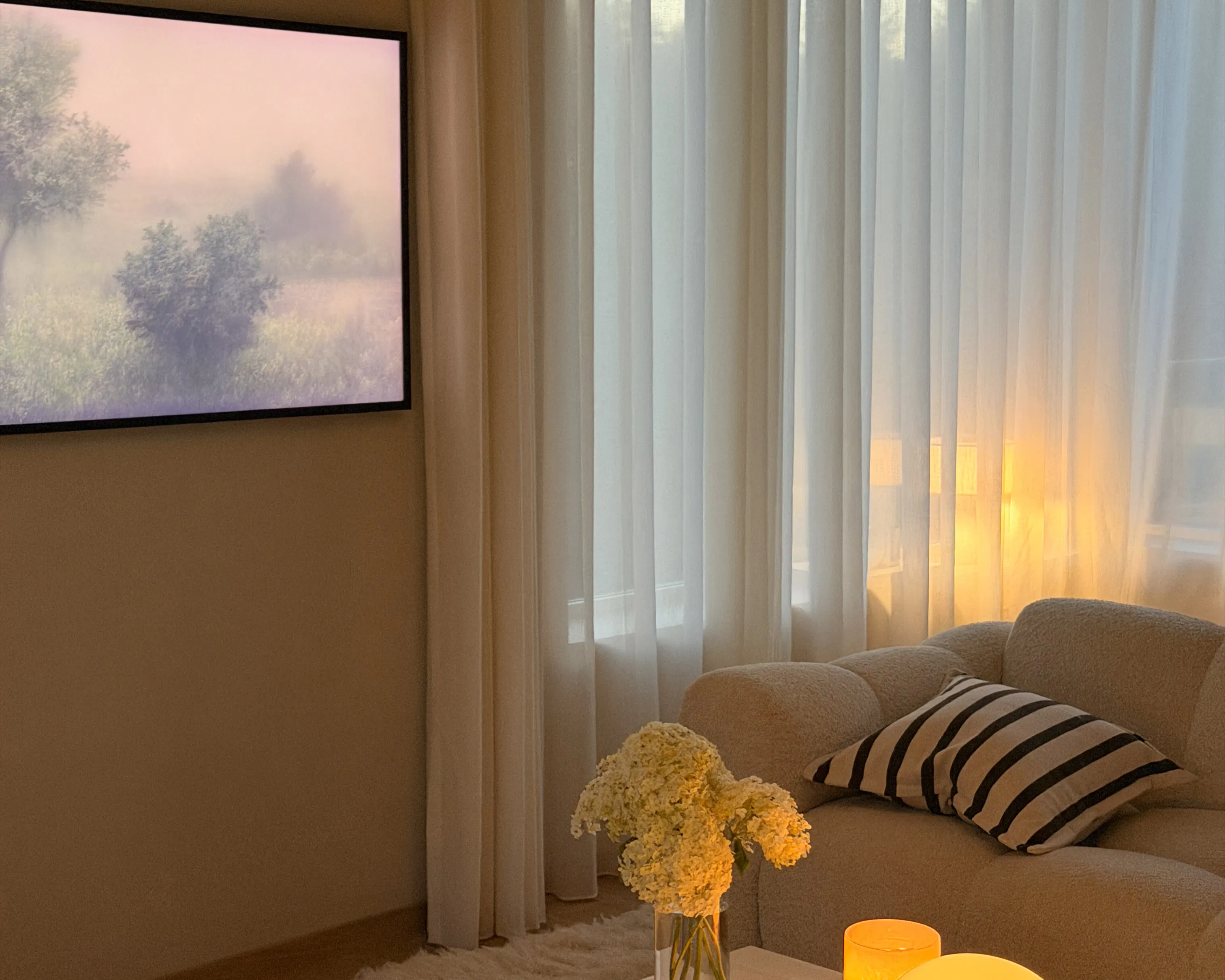 Sheer curtains in a cozy living room 