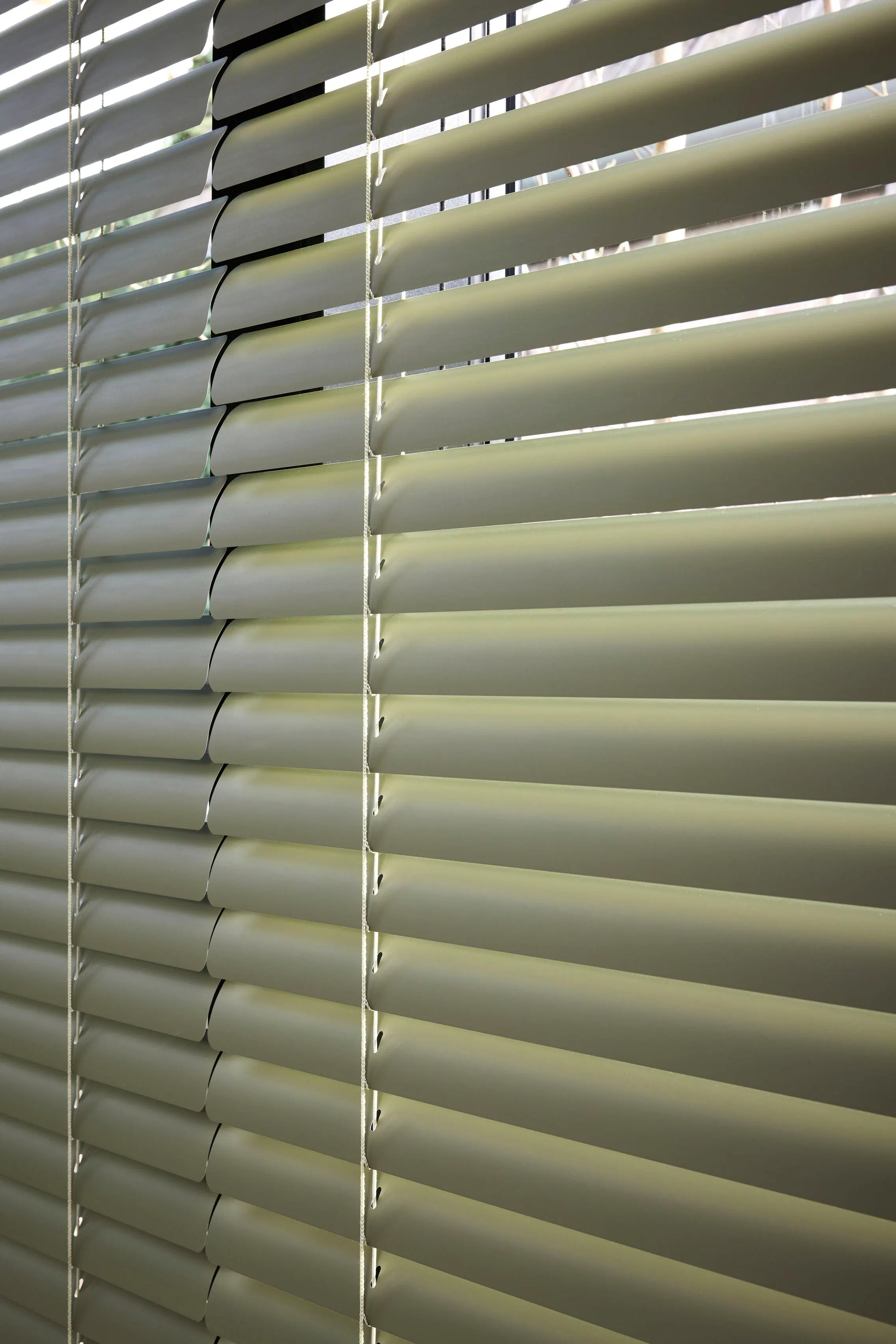 Closeup of green venetian blinds
