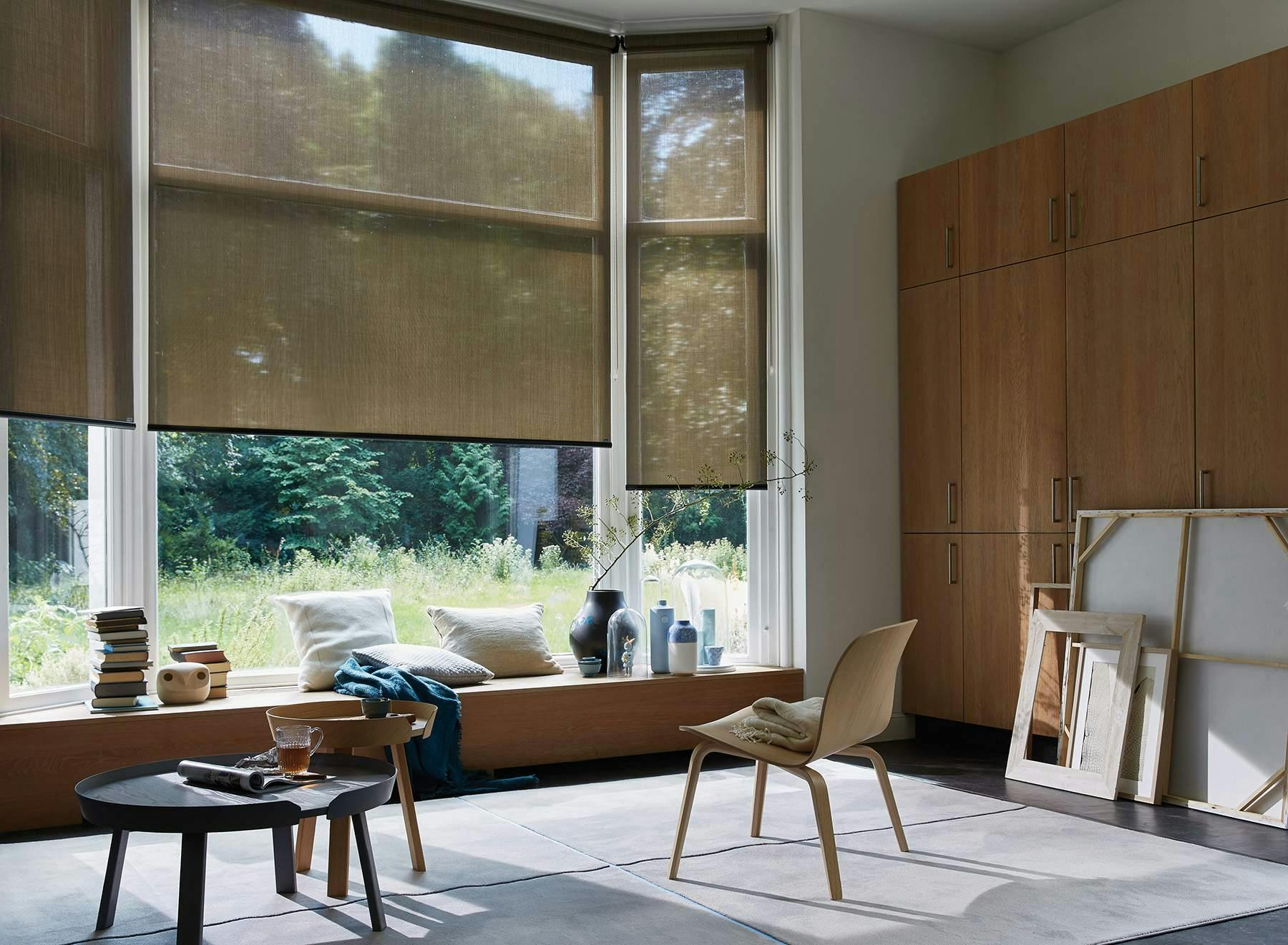 Light living room with brown Roller blinds on windows 