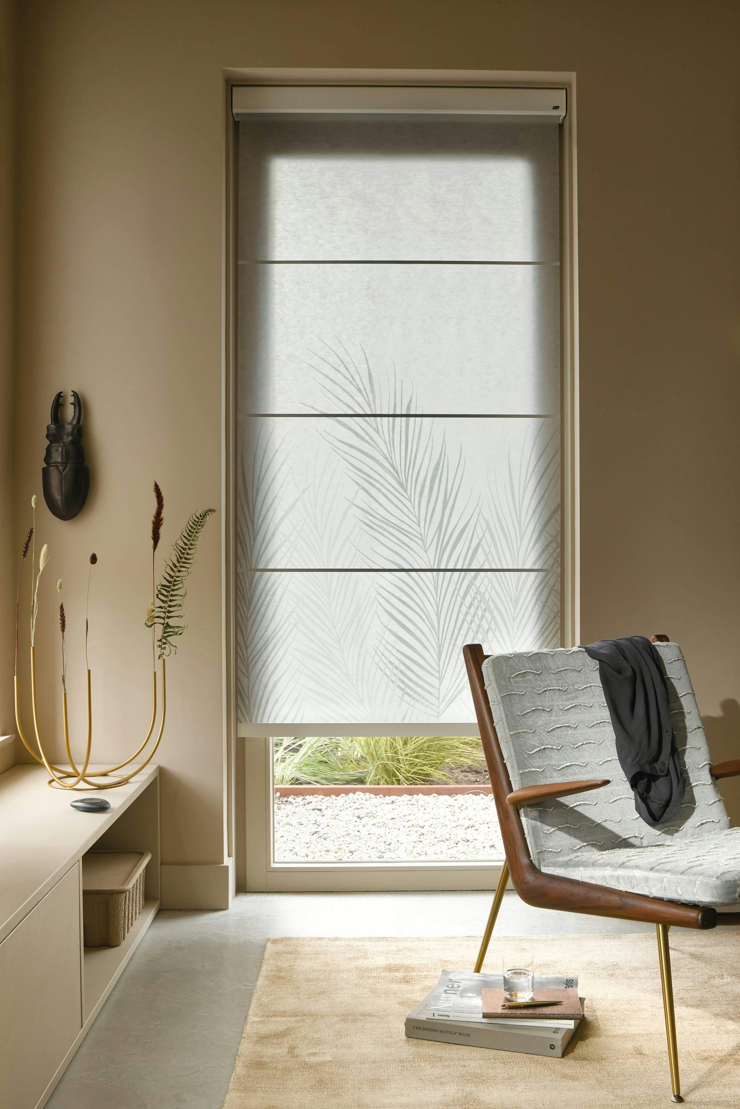 beige living room with white design roller blinds
