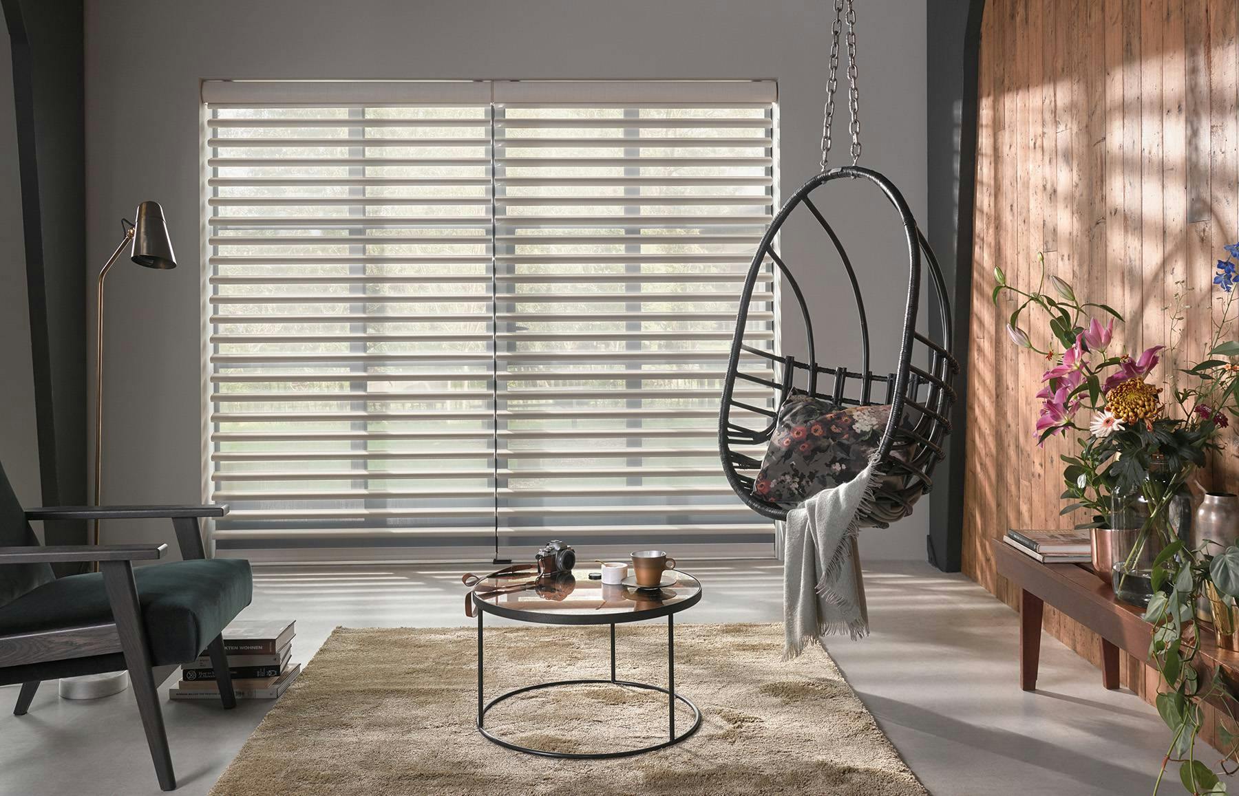 living room with white Pirouette® shades
