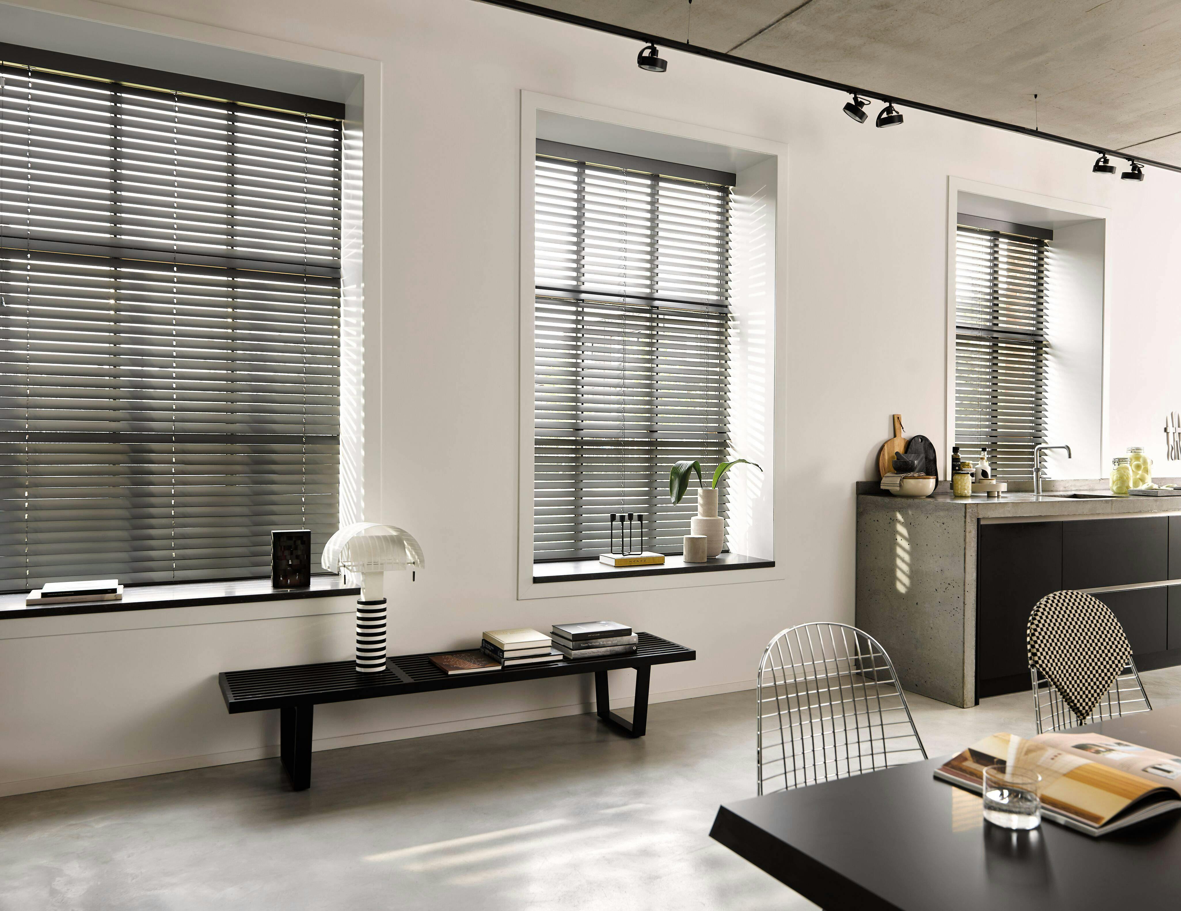kitchen with black venetian blinds