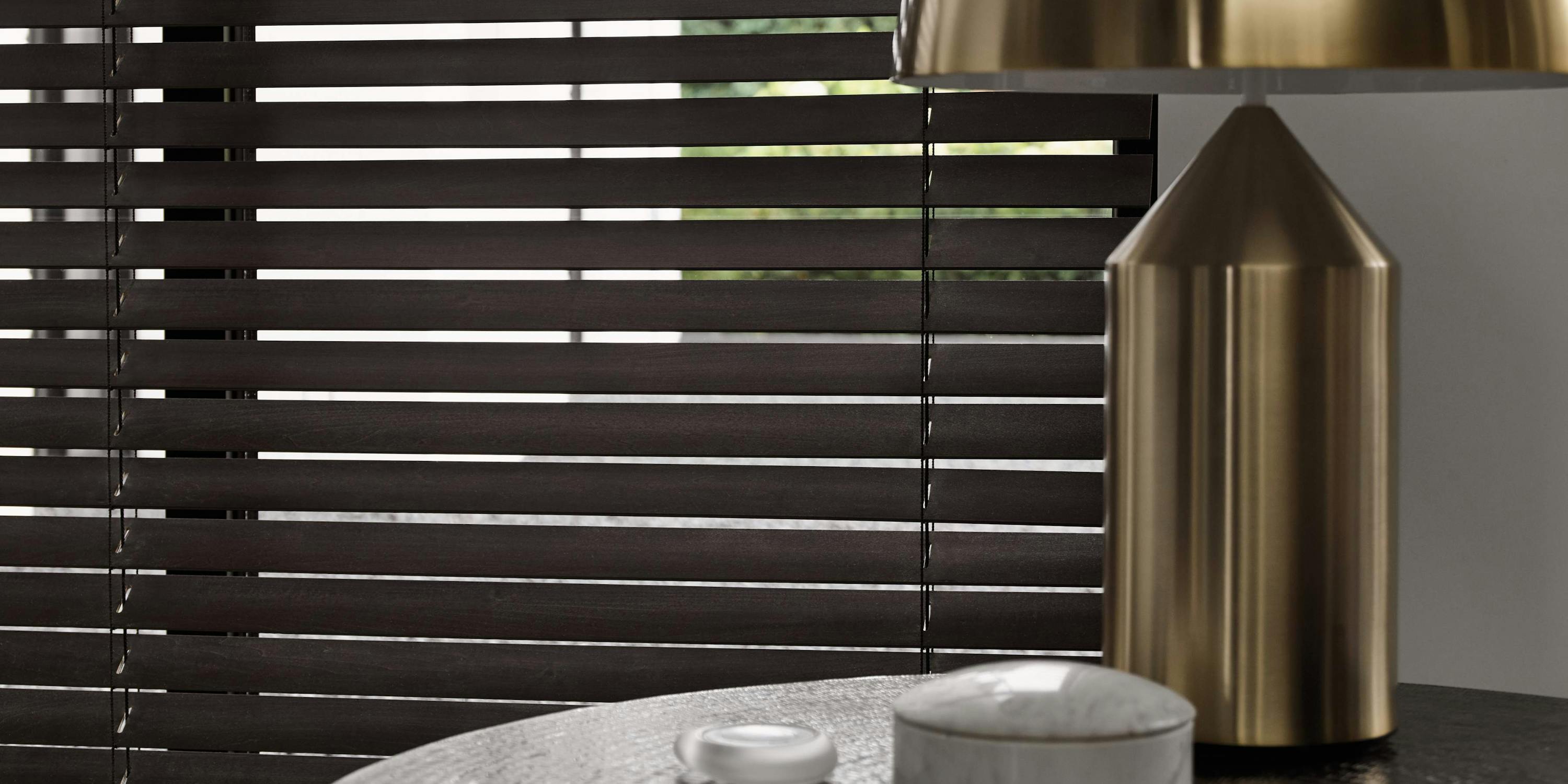 Close up view of brown Wood Venetian blinds
