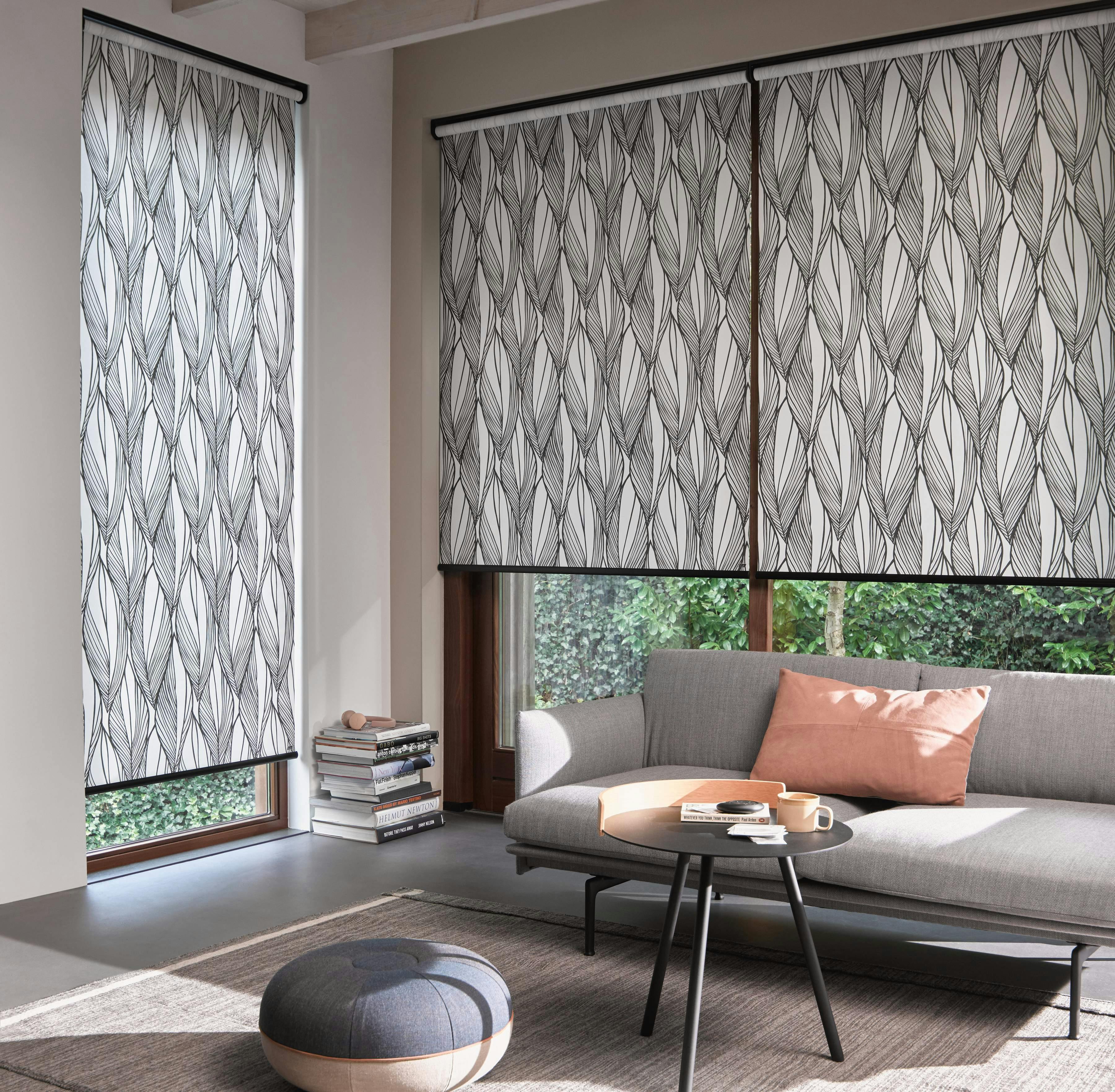 living room with black and white designs Roller Blinds