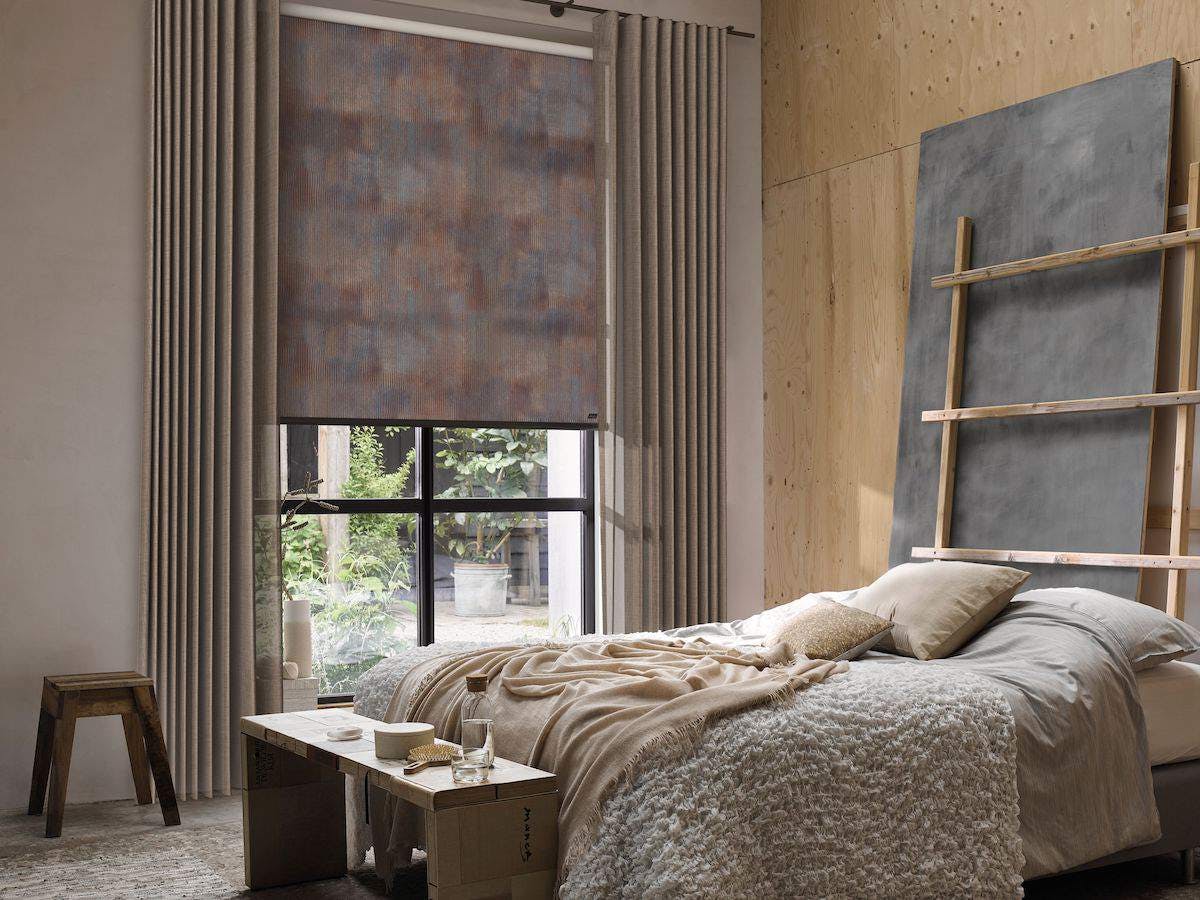 Modern bedroom with brown design Roller Blinds on a window