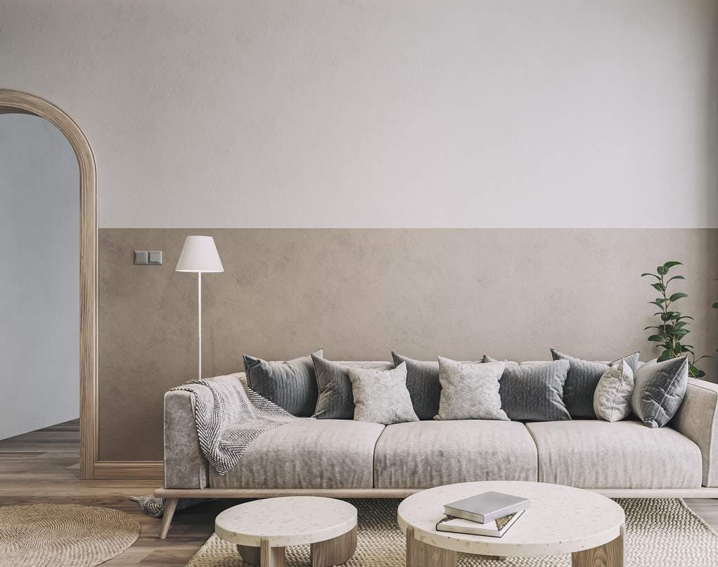 Living room with beige sofa and coloured cushions