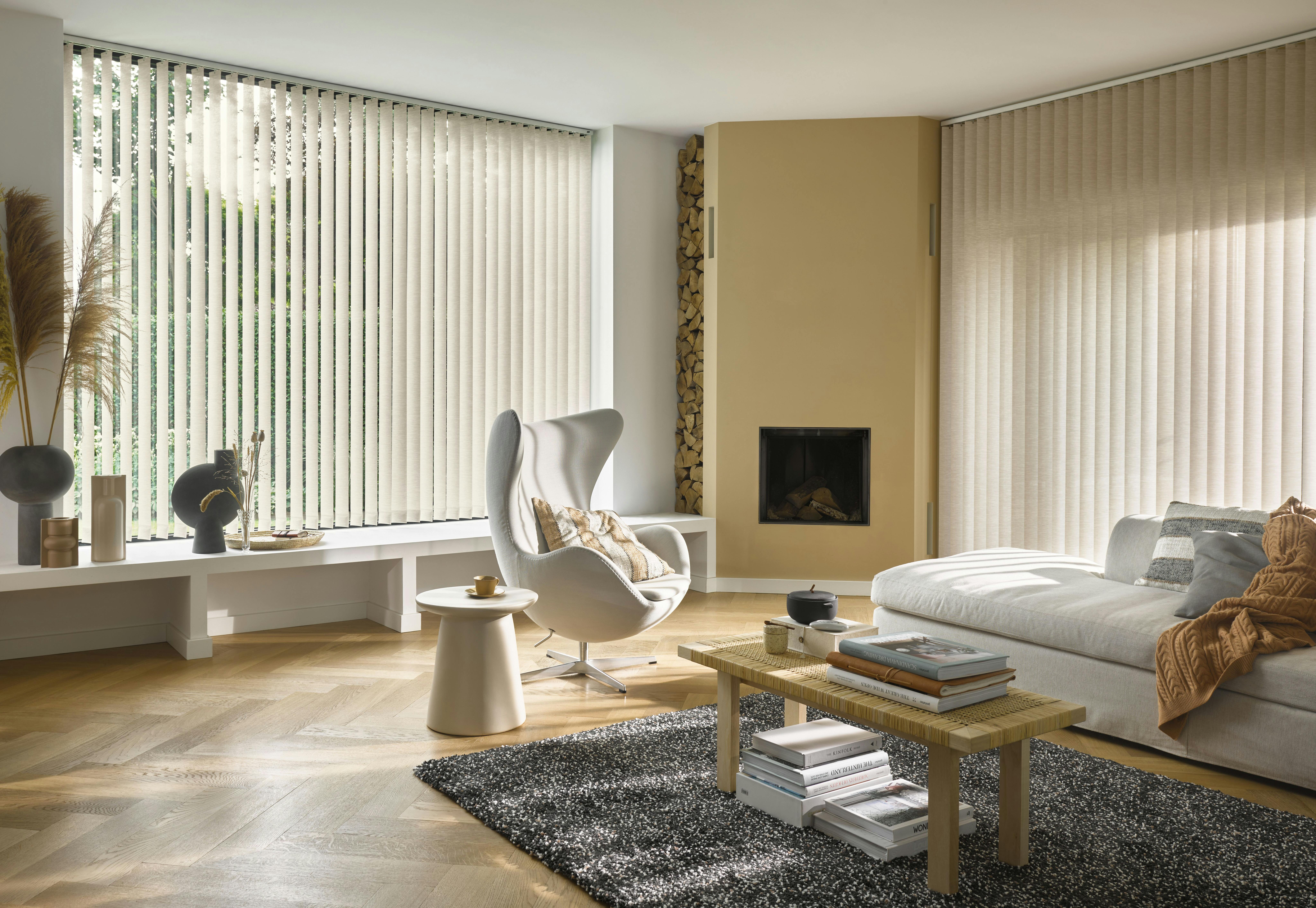 modern living room with white vertical blinds